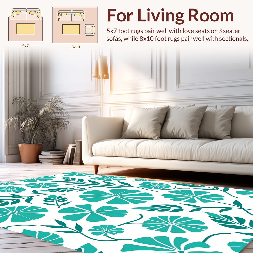 Teal Tropical Flower Leaf Pattern Rug