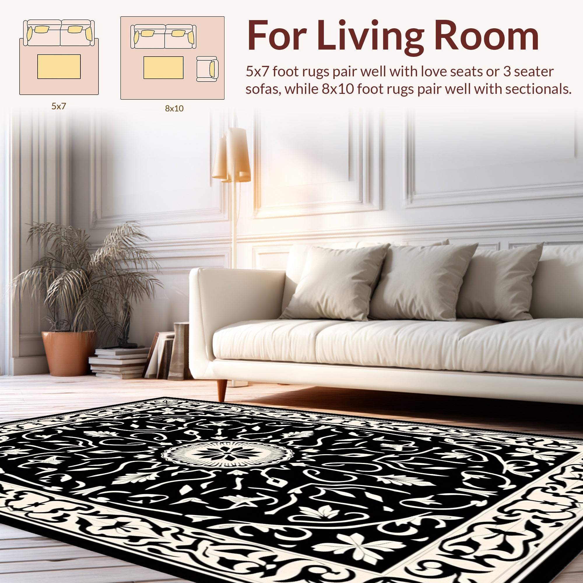Black Cream Floral Medallion Design Rug