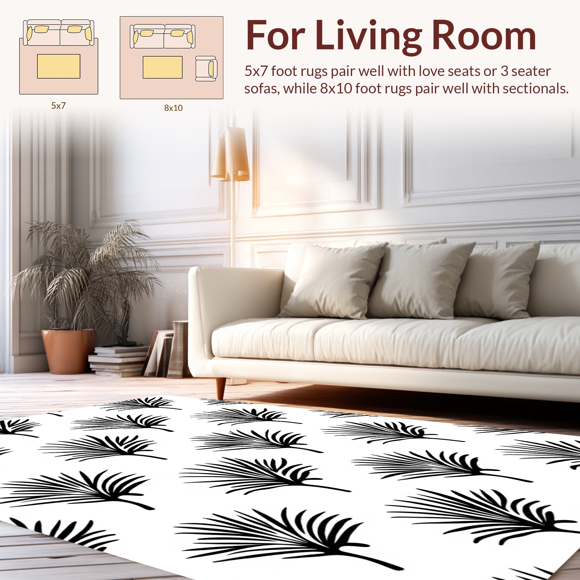 Black Palm Frond Patterned Design Rug