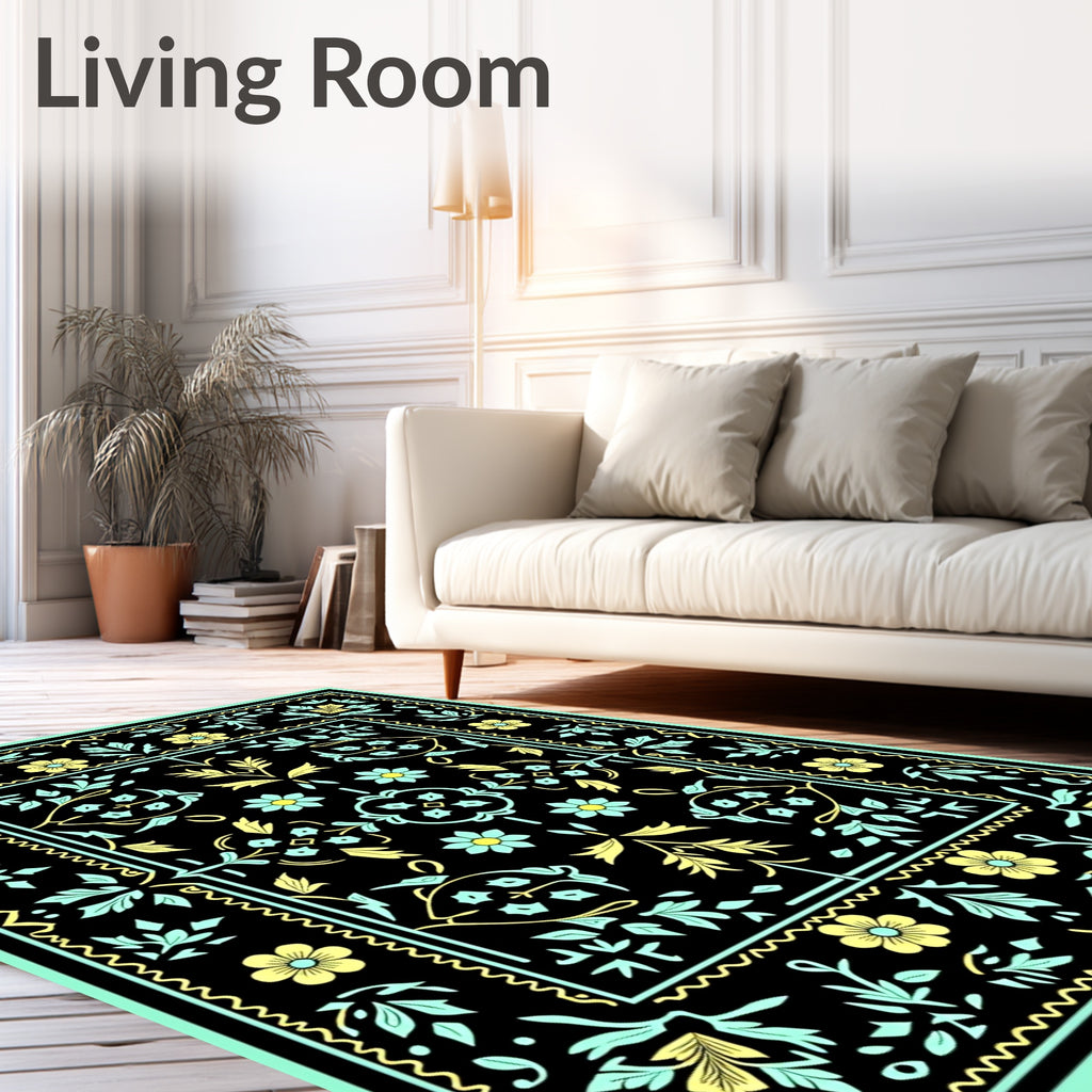 Black Yellow Floral Vine Rug