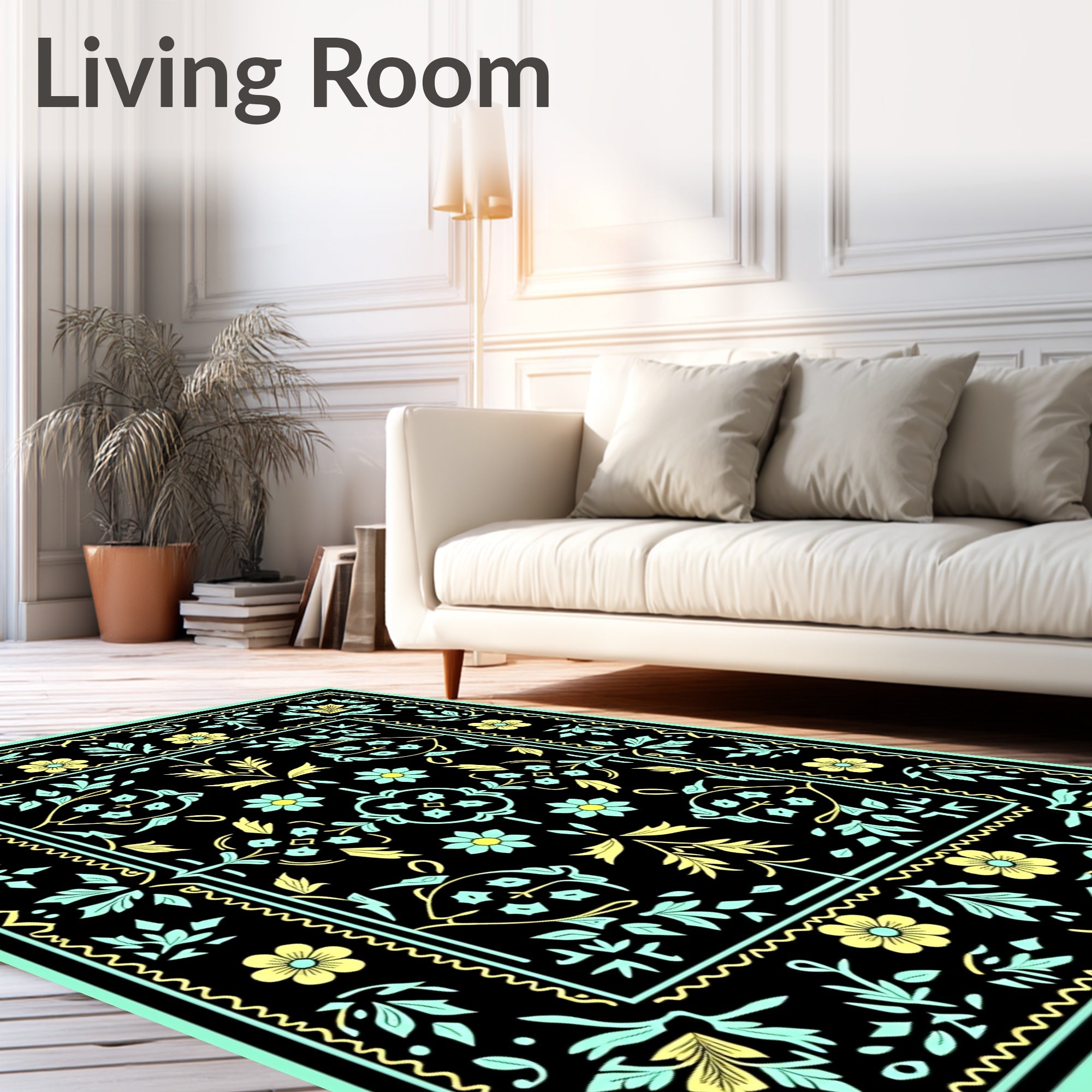 Black Yellow Floral Vine Rug