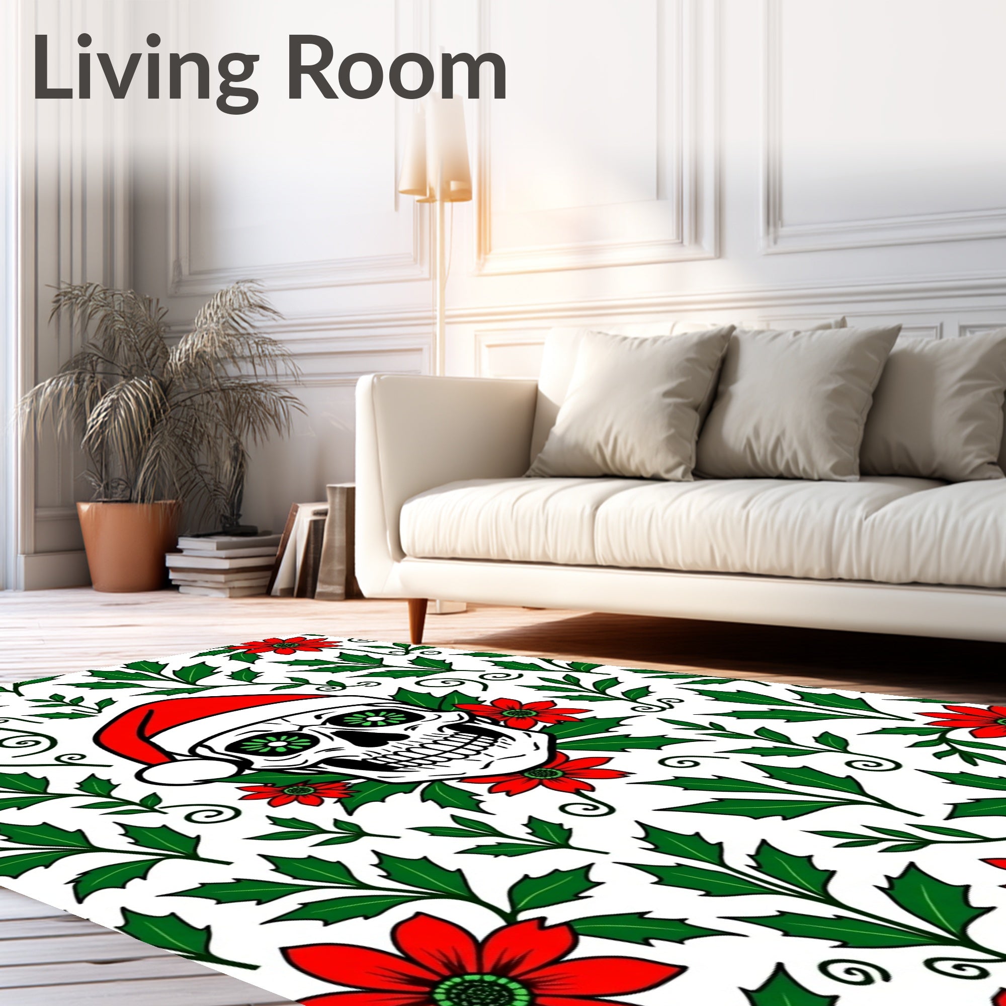 Festive Santa Skull Red Holly Rug
