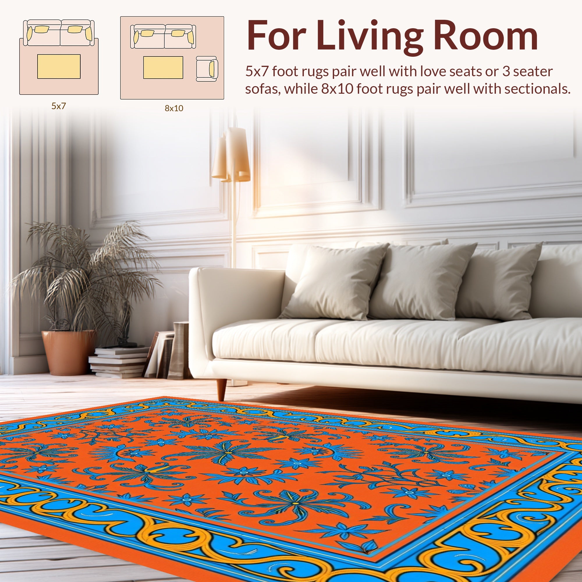 Vibrant Orange Blue Floral Scroll Area Rug