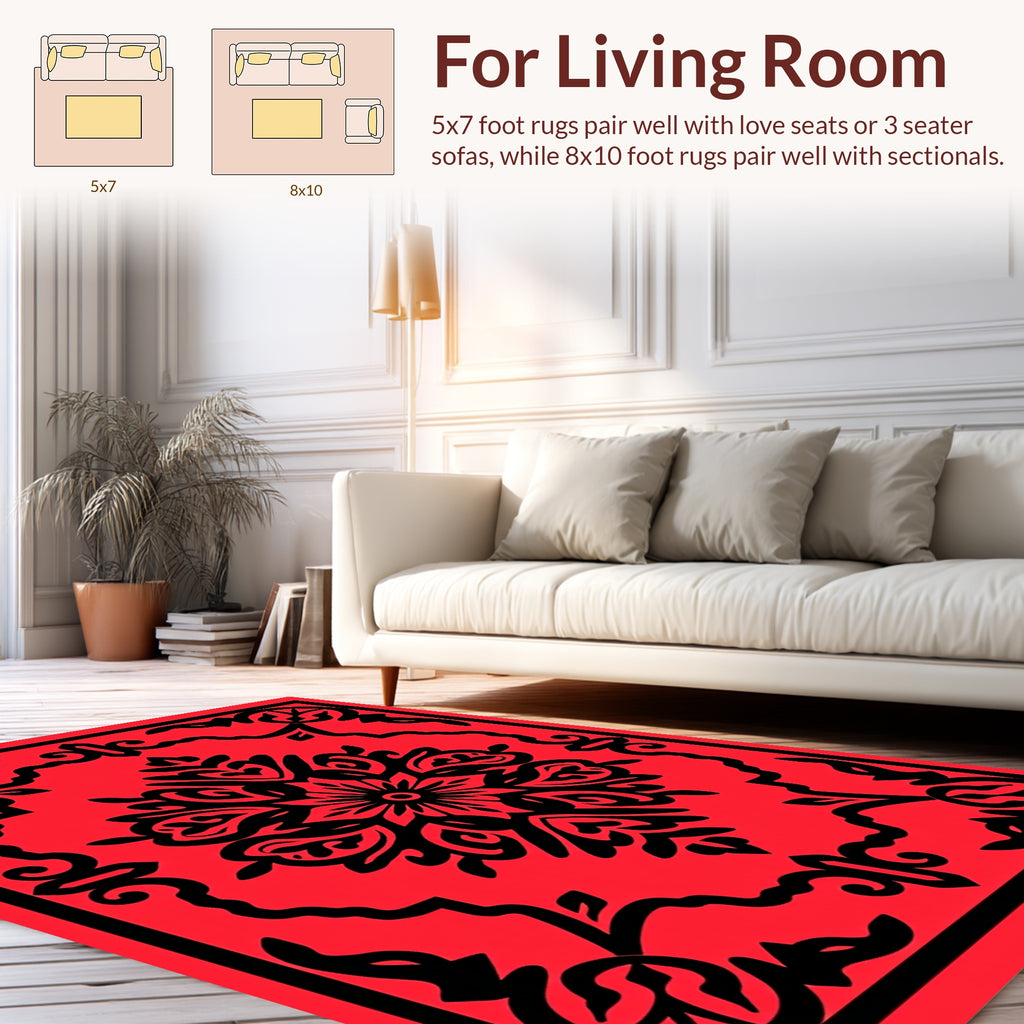 Red Black Ornate Floral Filigree Design Rug