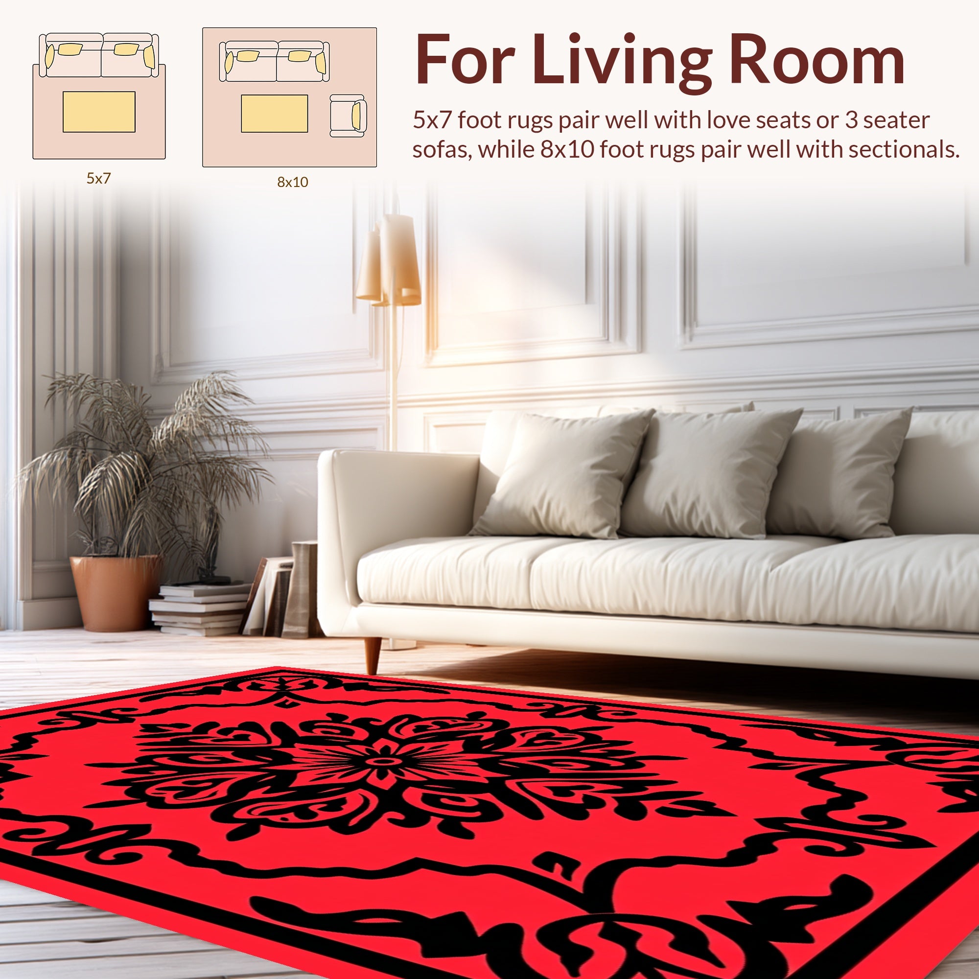 Red Black Ornate Floral Filigree Design Rug