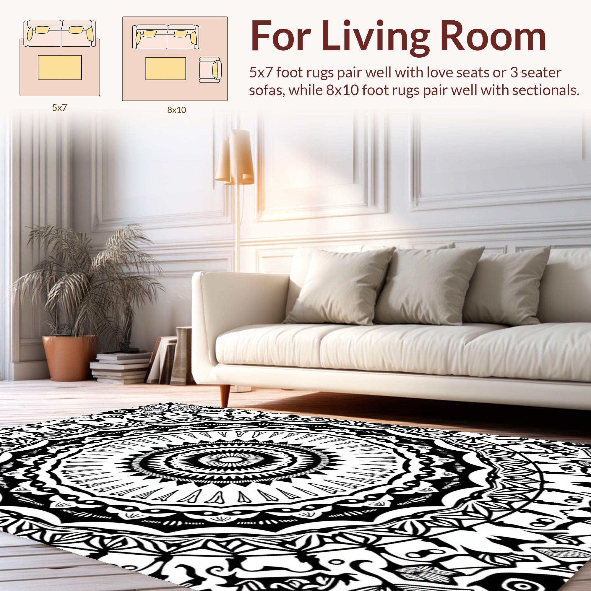 Intricate Black White Mandala Pattern Rug