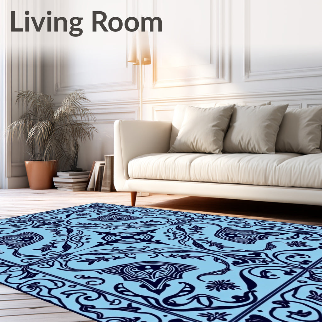 Sky Blue Organic Scrollwork Medallion Rug