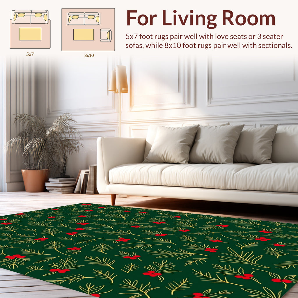Festive Holly Berry Pine Sprig Pattern Rug