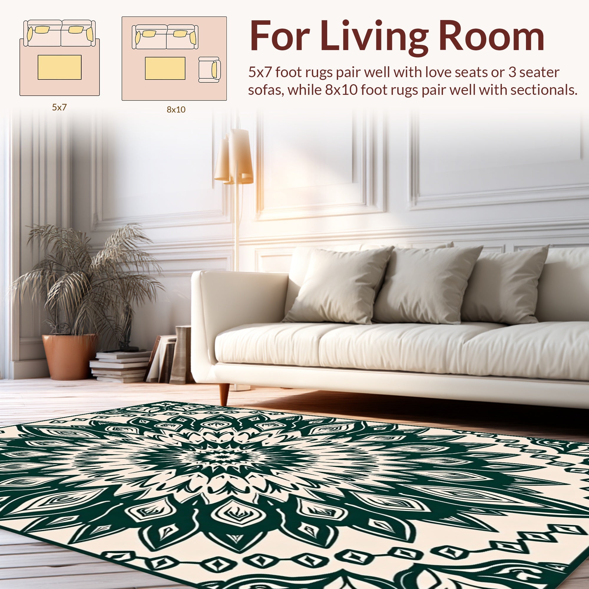 Dark Green Floral Mandala Inspired Design Rug