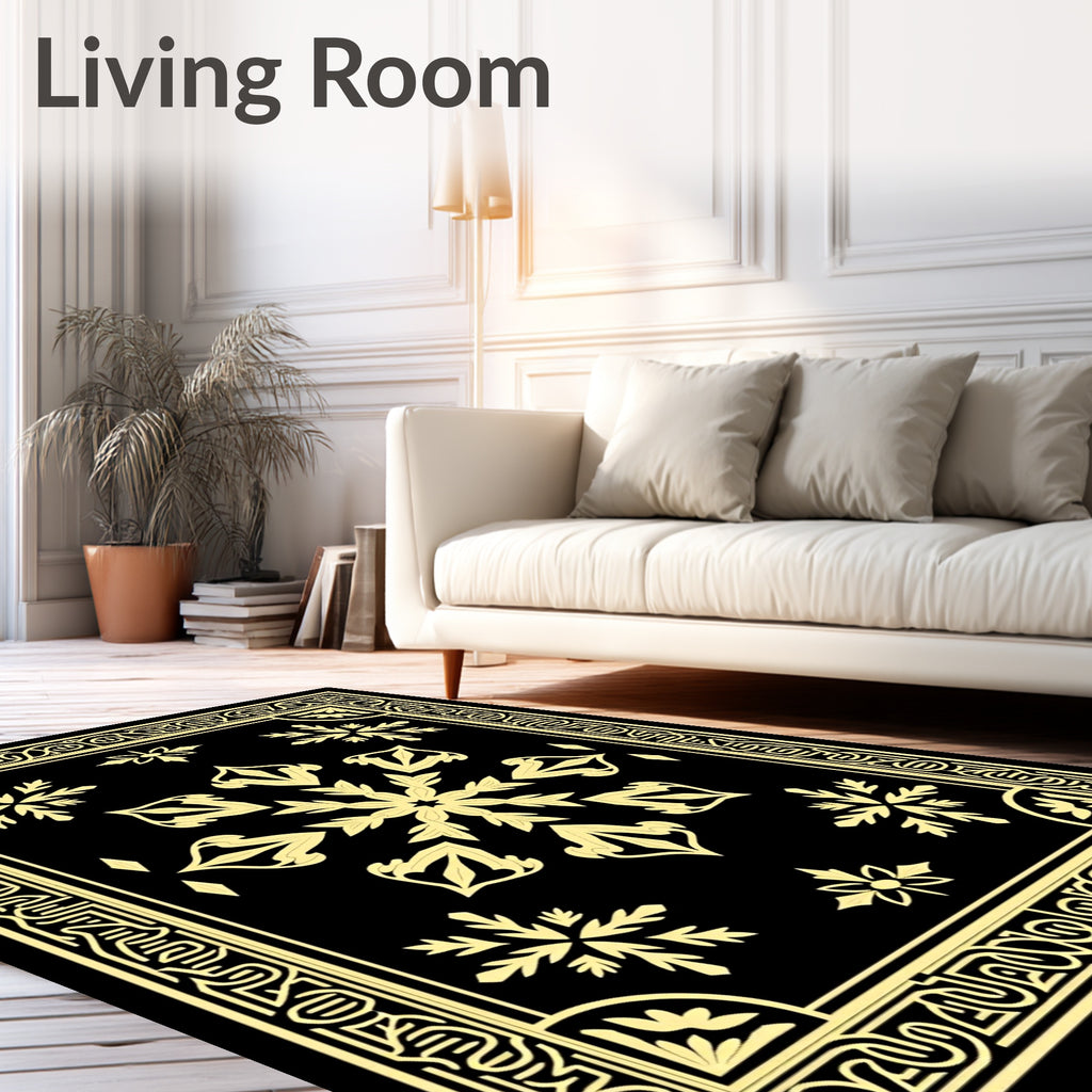 Gold Floral Medallion Black Rectangle Frame Rug
