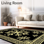 Gold Floral Medallion Black Rectangle Frame Rug
