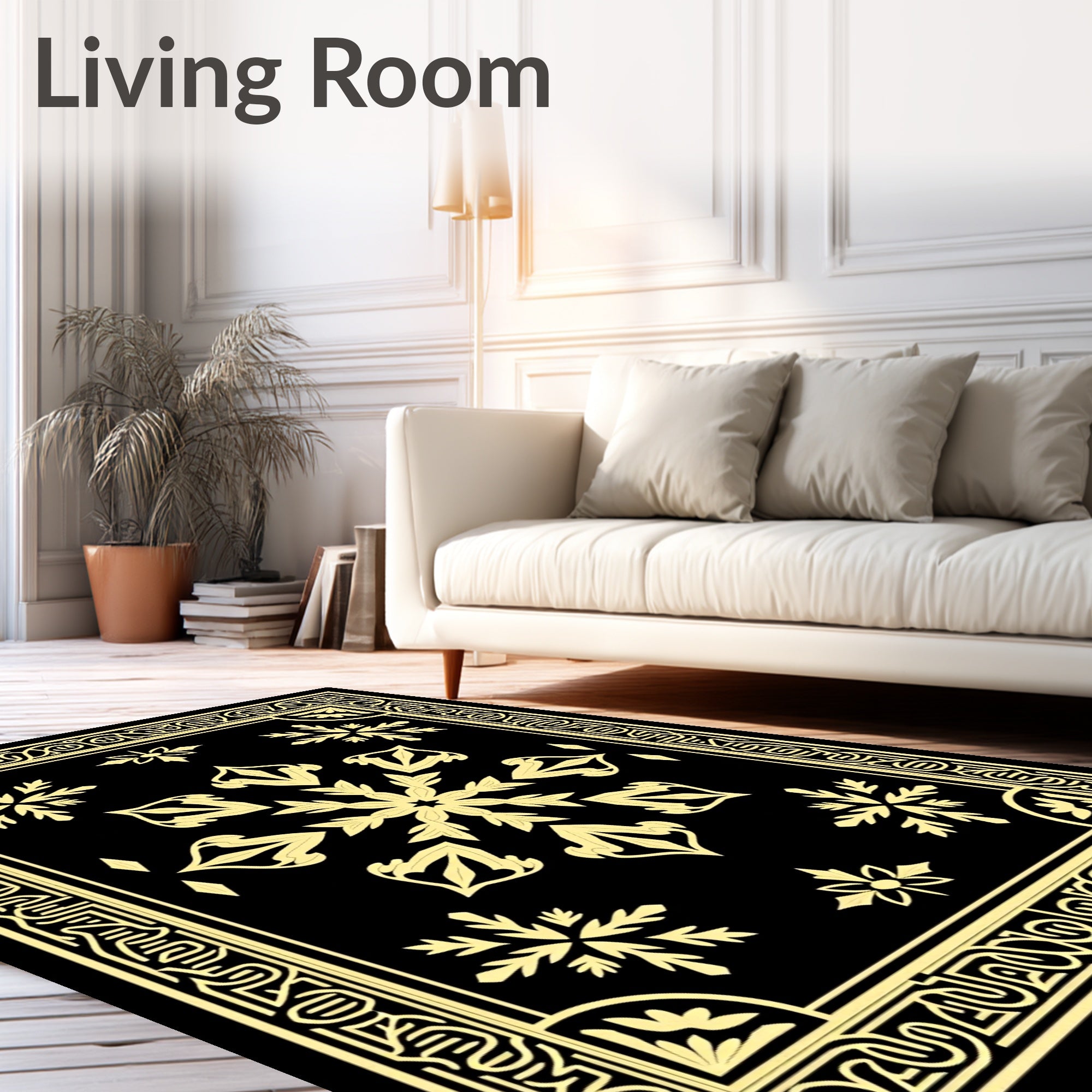 Gold Floral Medallion Black Rectangle Frame Rug