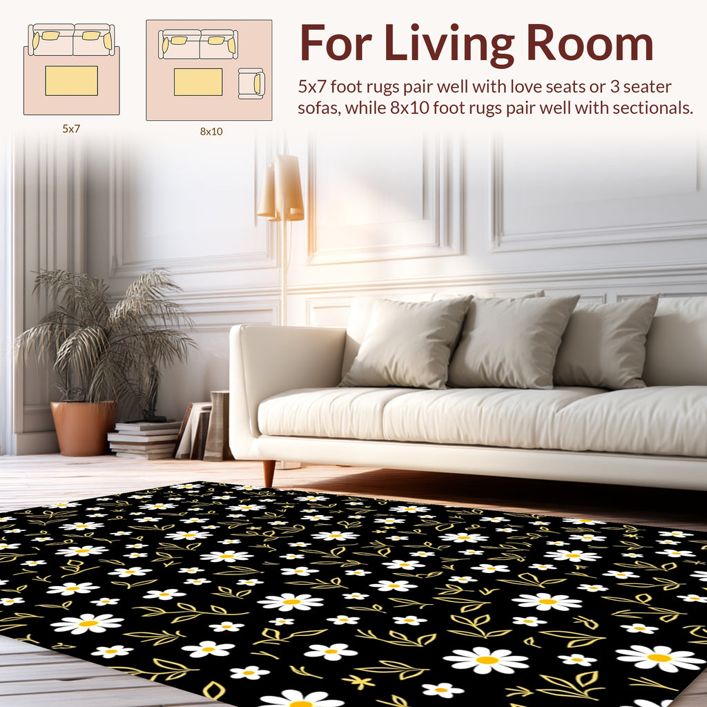 Black Daisy And Leaf Pattern Rug
