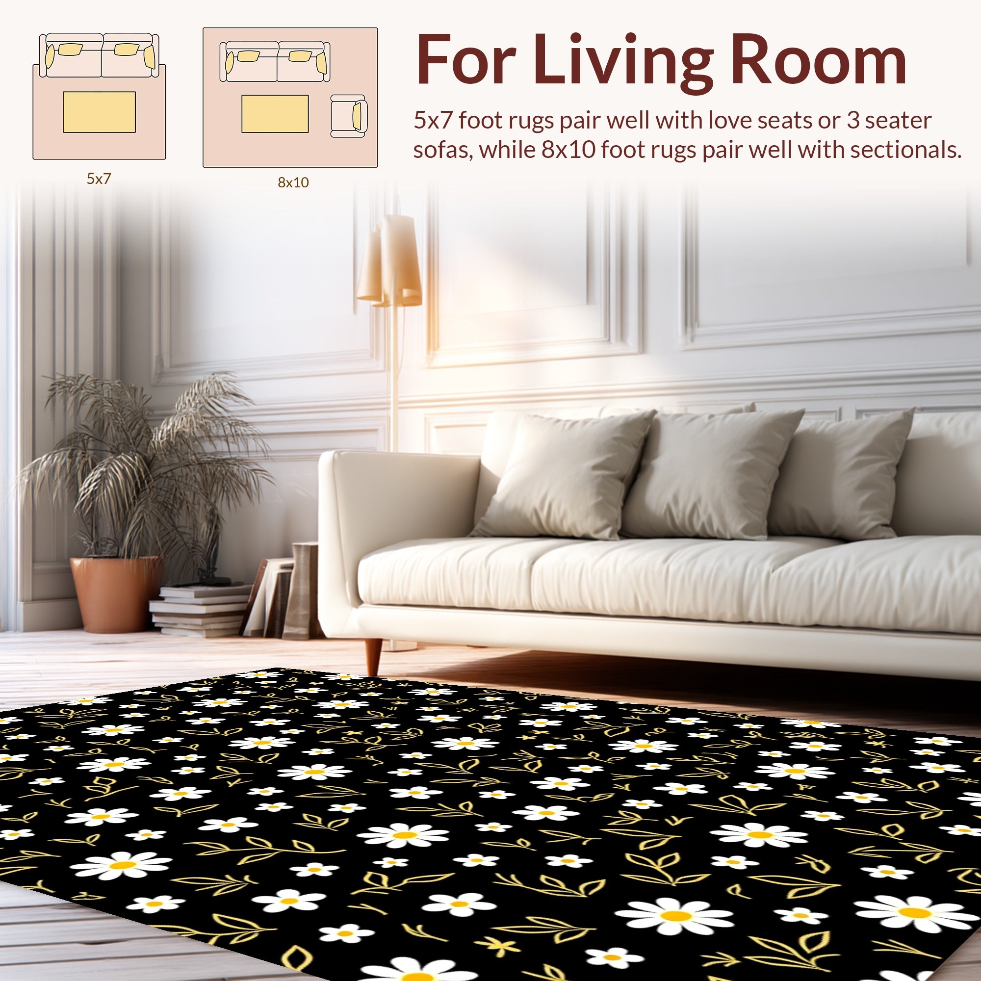 Black Daisy And Leaf Pattern Rug