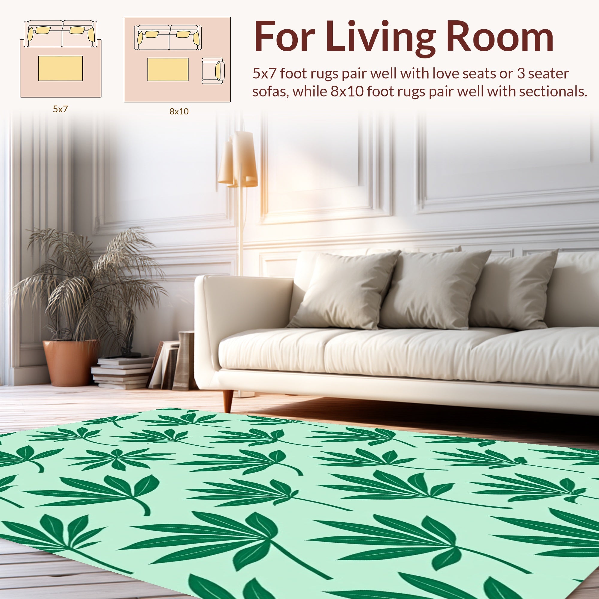Green Leaf Pattern Print Rug
