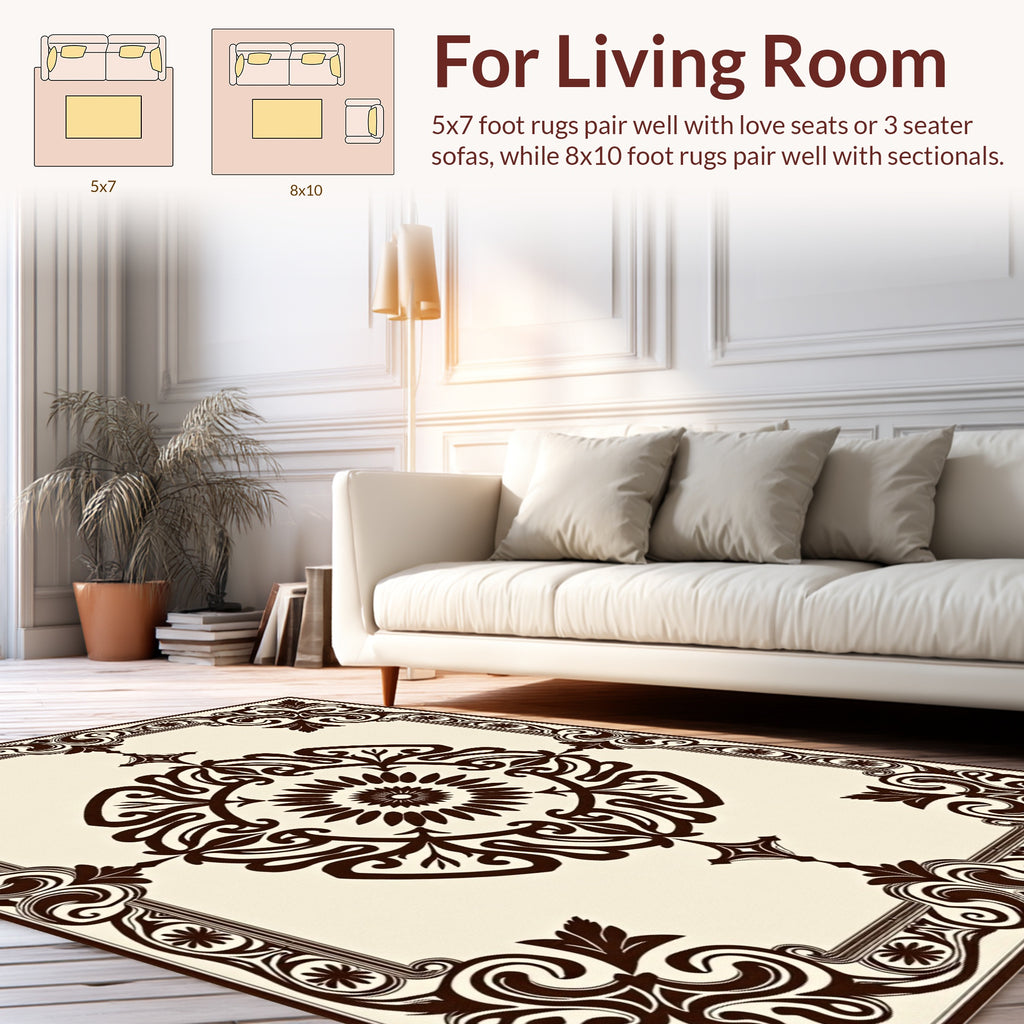 Brown Floral Scroll Frame Rug
