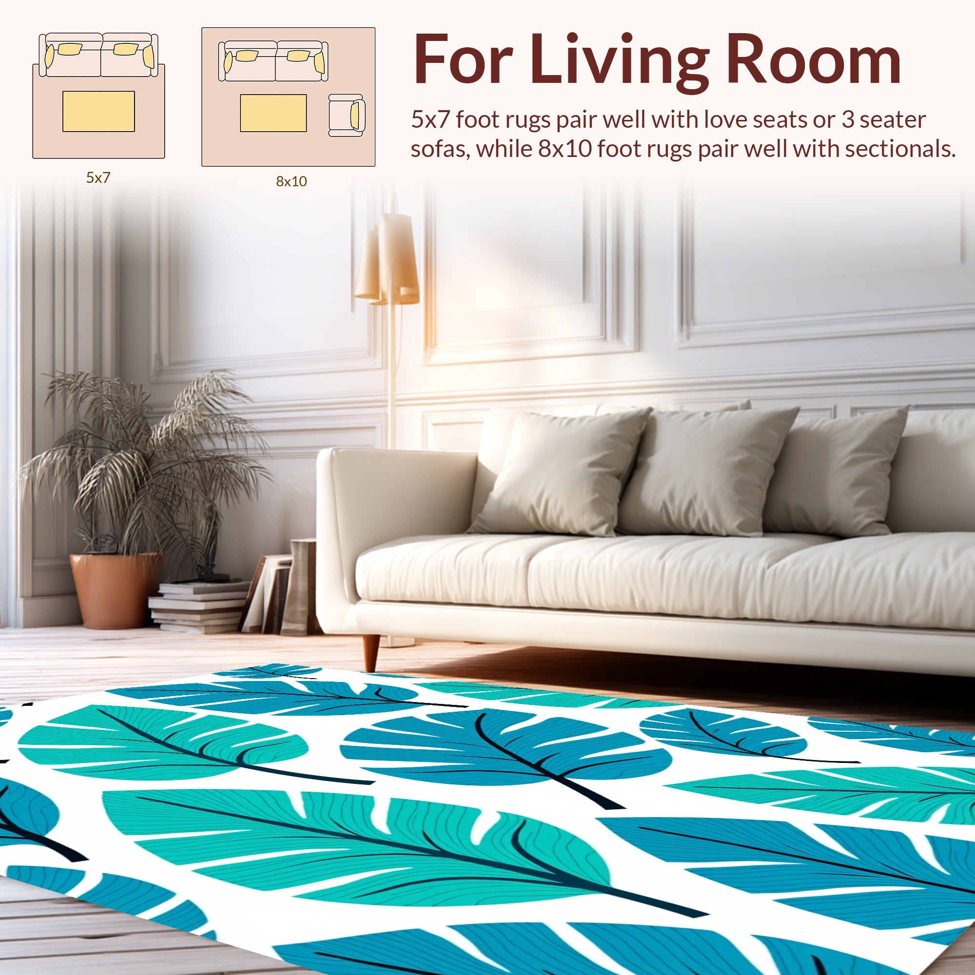Turquoise Tropical Leaf Pattern Rug
