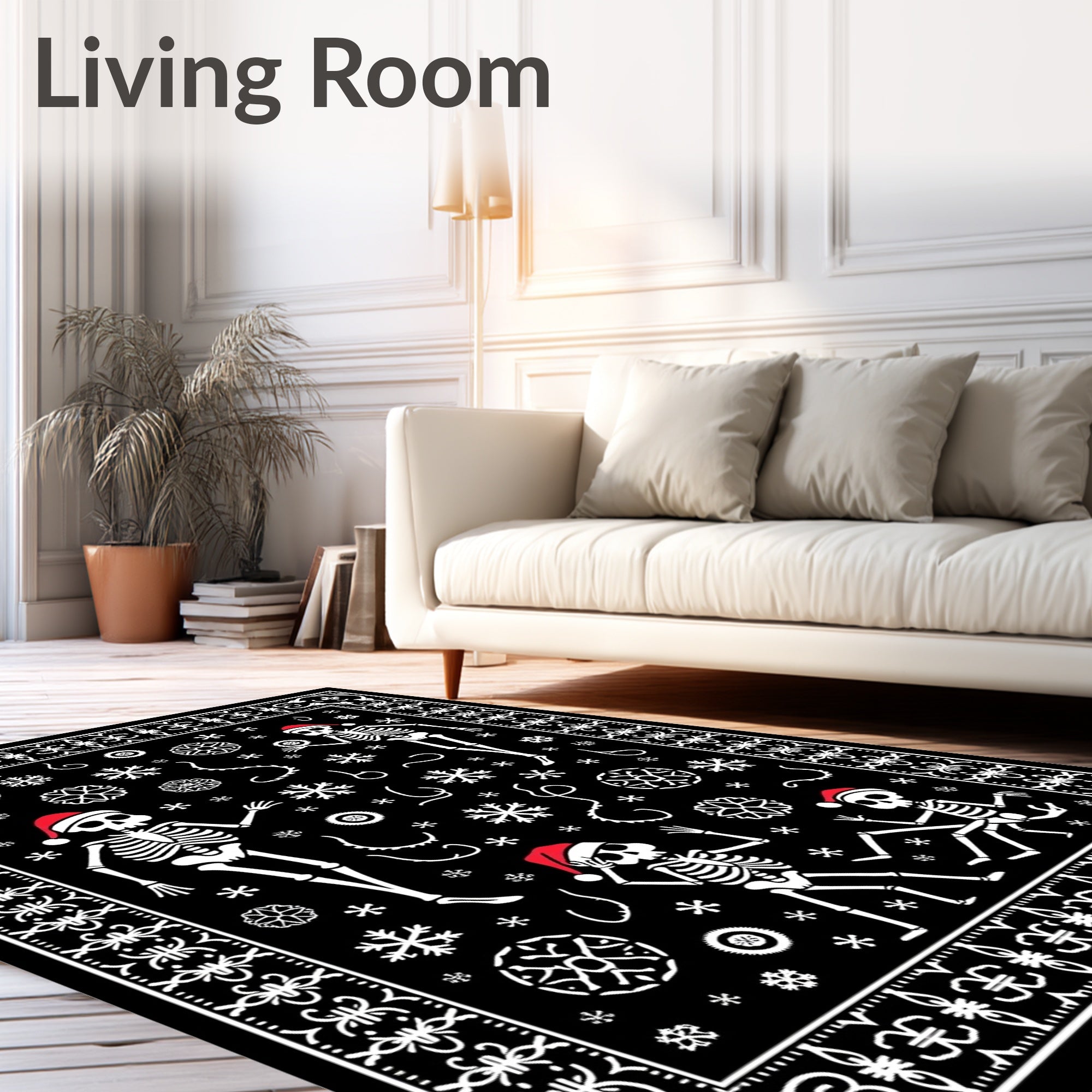 Whimsical Black Skeleton Snowflakes Christmas Rug