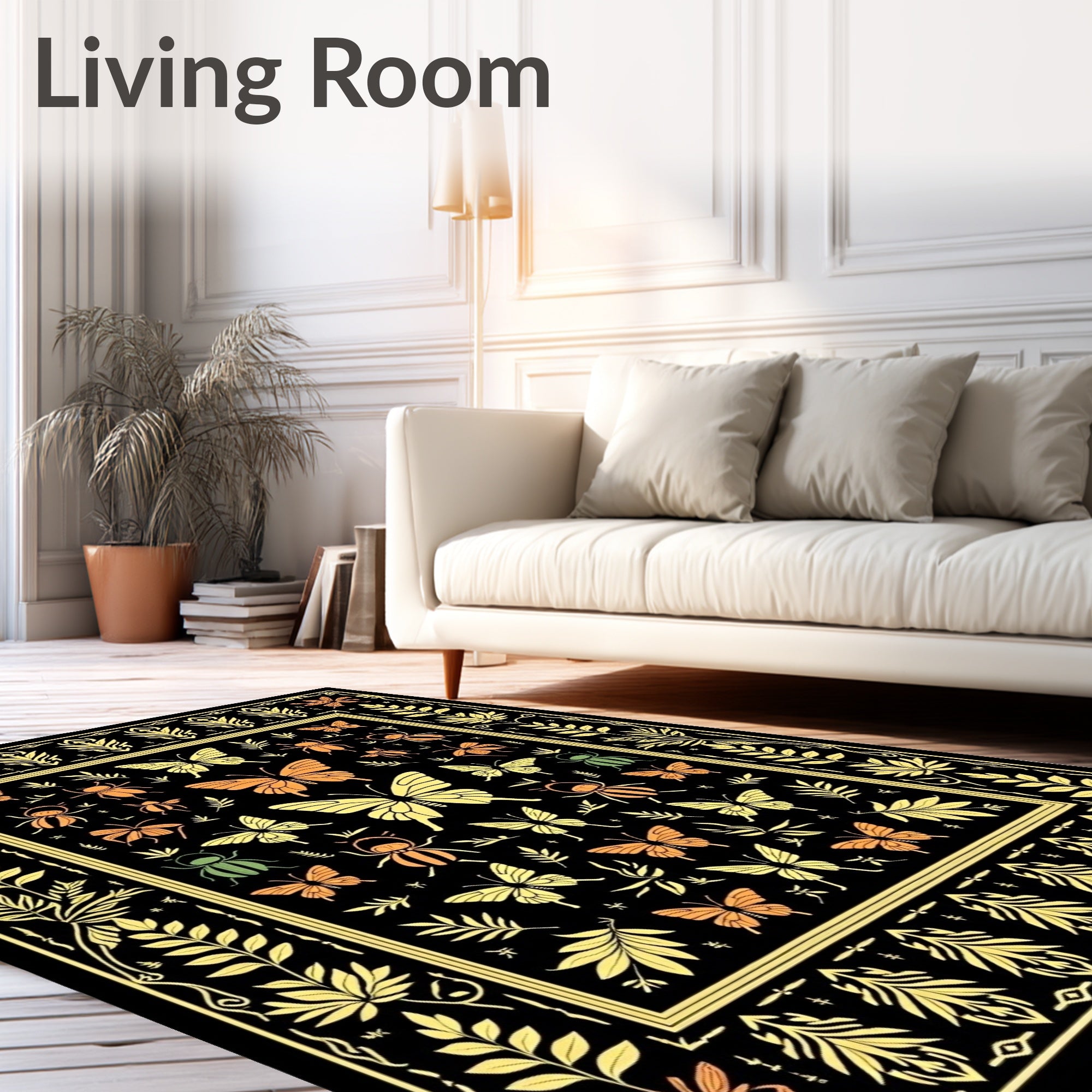 Whimsical Butterfly Insect Garden Black Orange Rug