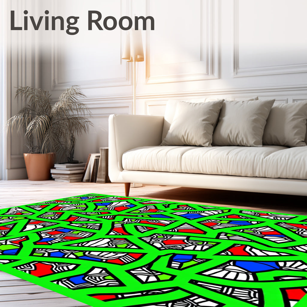 Vibrant Green Abstract Geometric Collage Rug