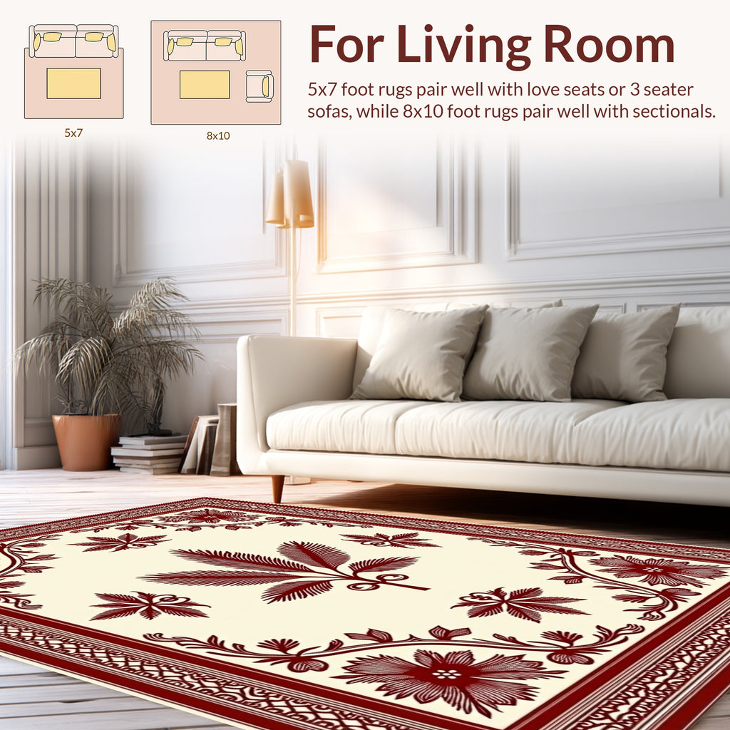 Maroon Floral and Leaf Pattern Design Rug