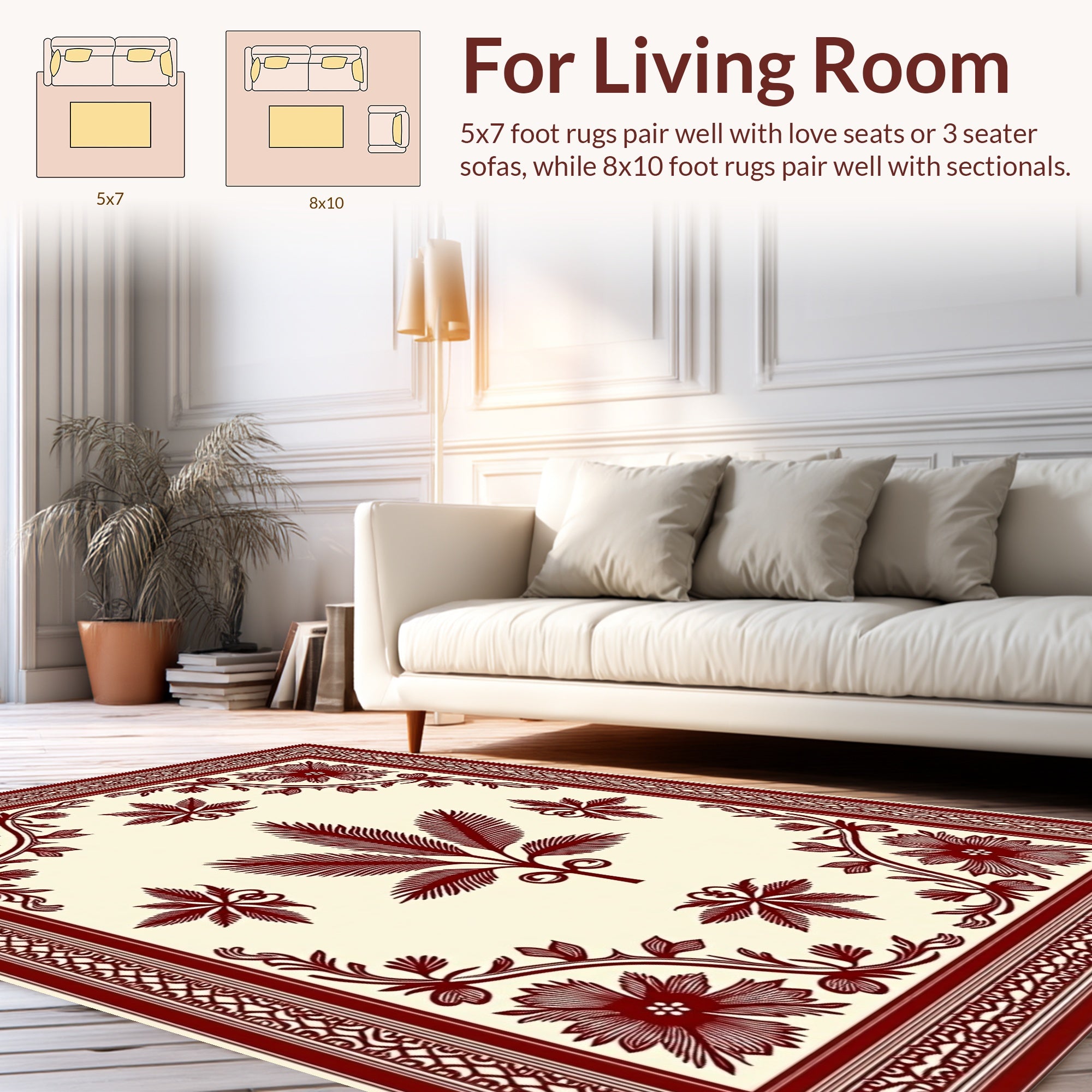 Maroon Floral and Leaf Pattern Design Rug