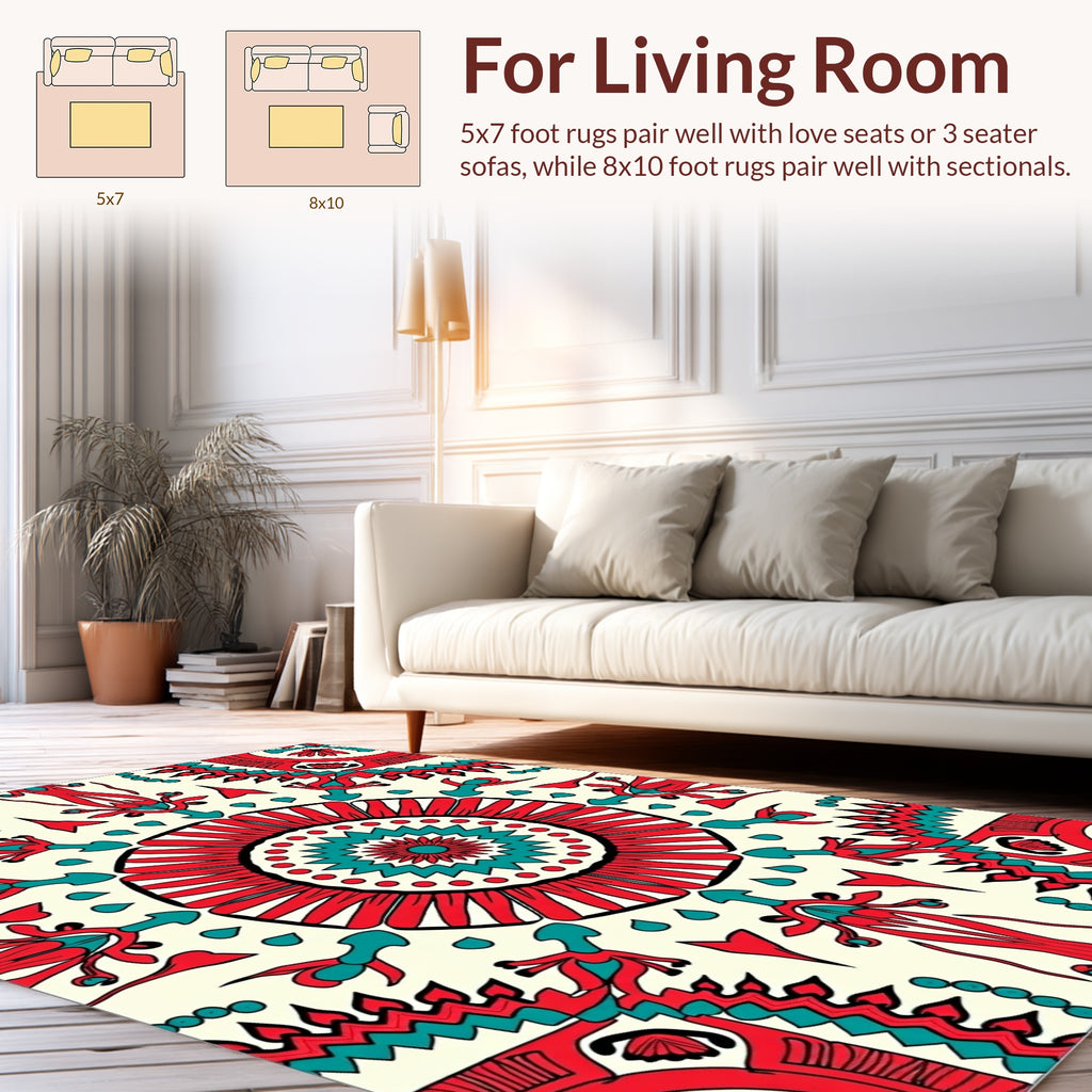 Vibrant Red Teal Sunburst Patterned Rug
