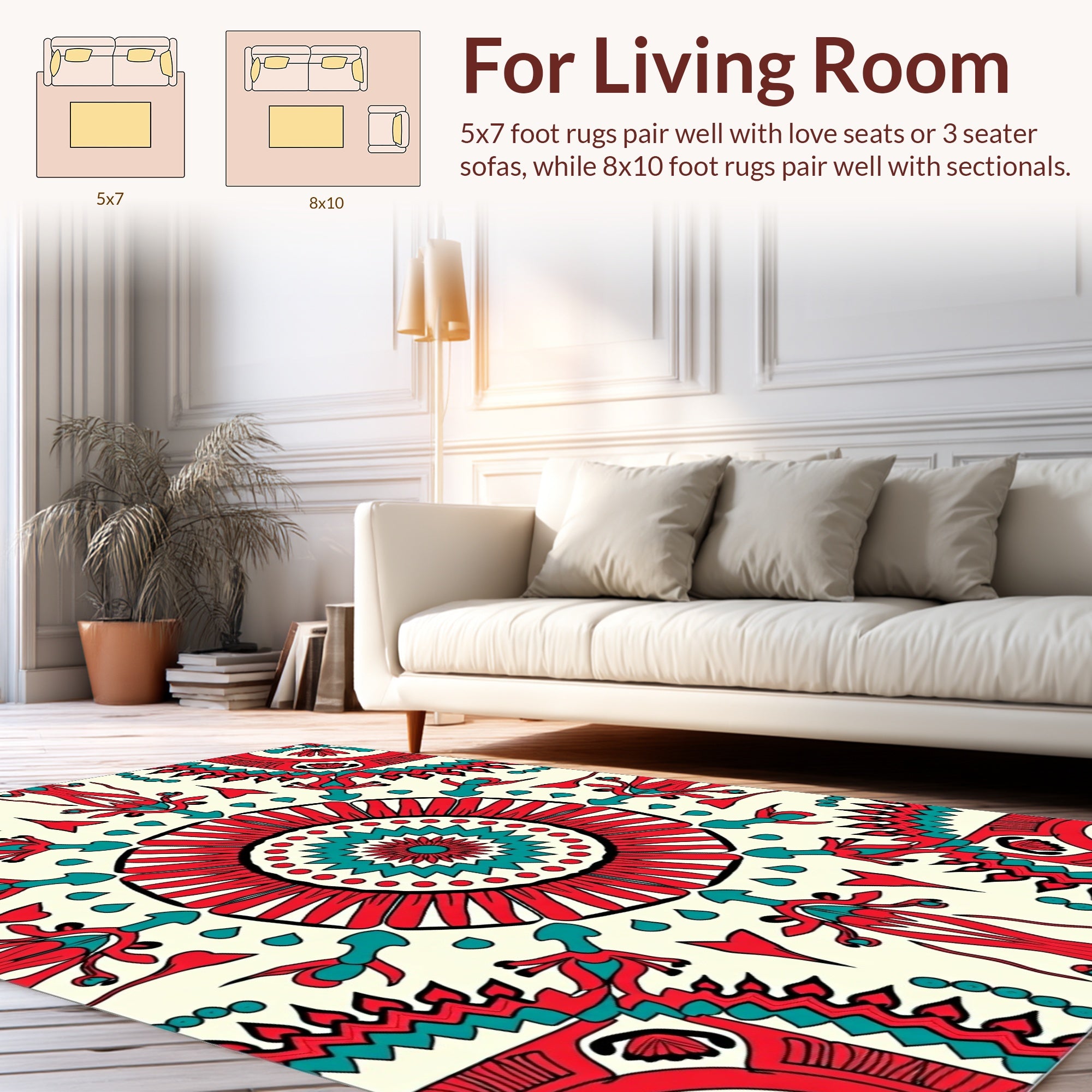 Vibrant Red Teal Sunburst Patterned Rug