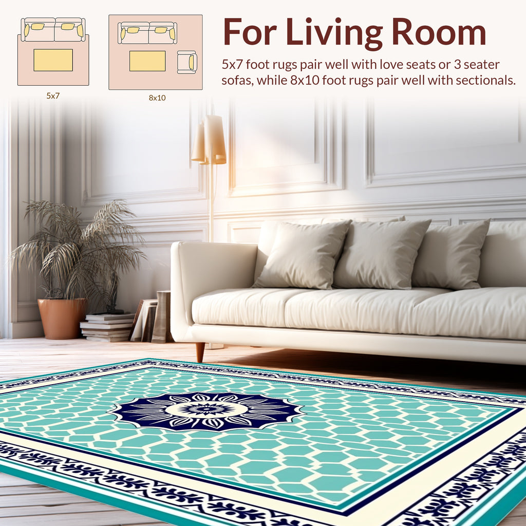 Marine Blue Medallion Hexagonal Pattern Rug