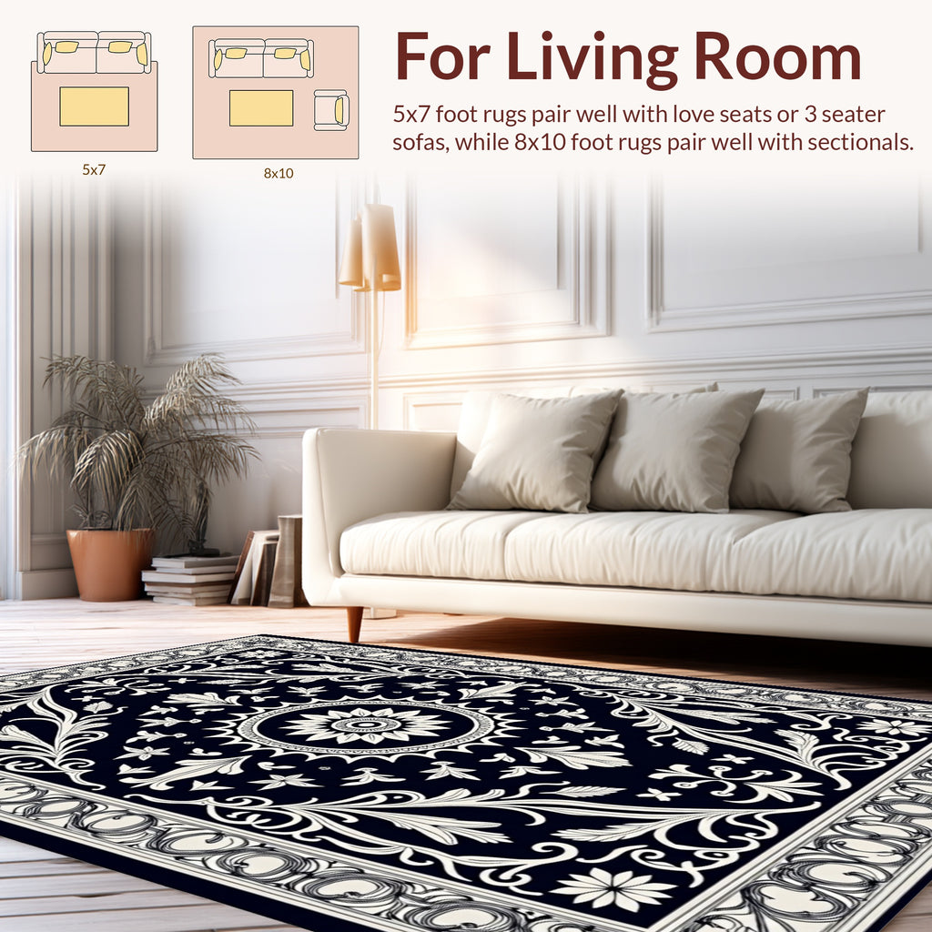 Classic Black White Floral Pattern Rug