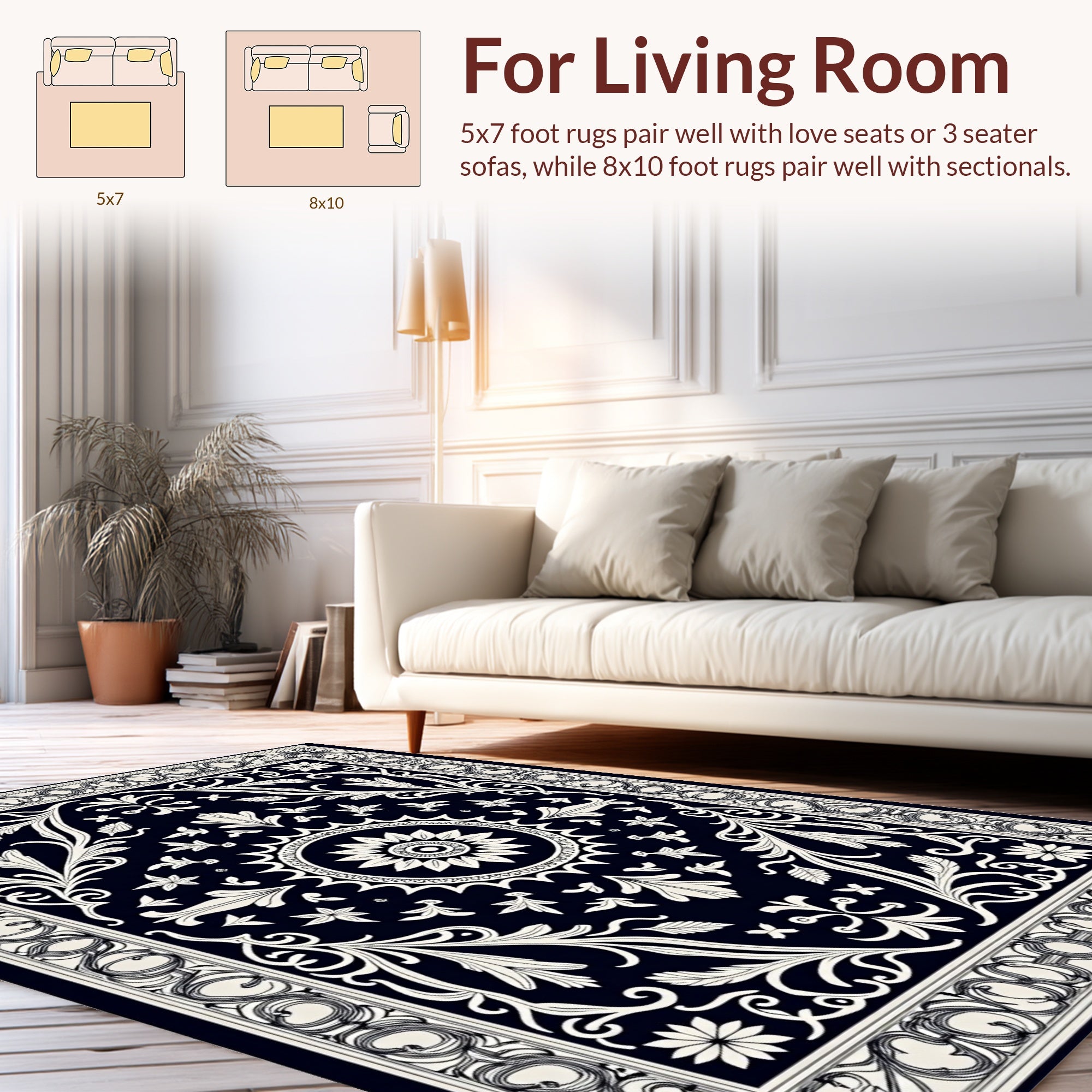 Classic Black White Floral Pattern Rug