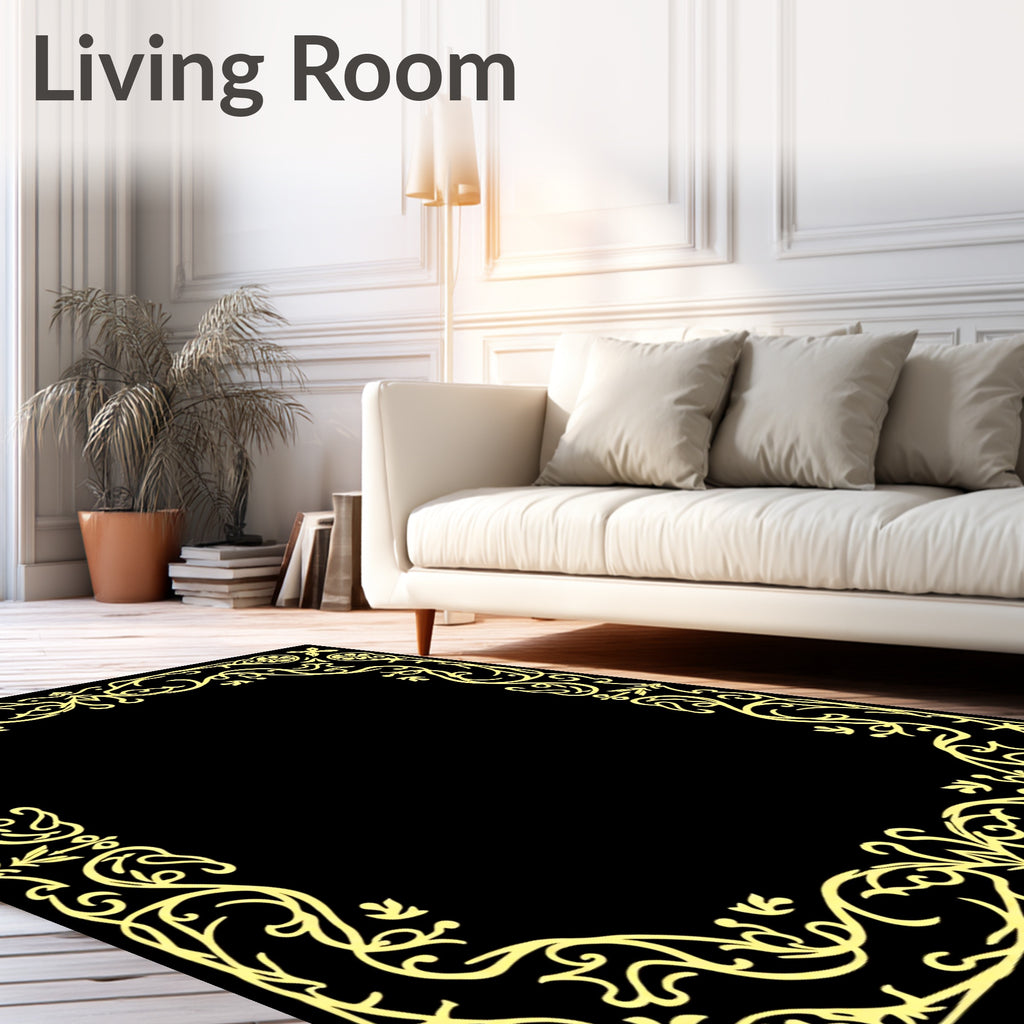 Ornate Yellow Flourish Border Design Rug