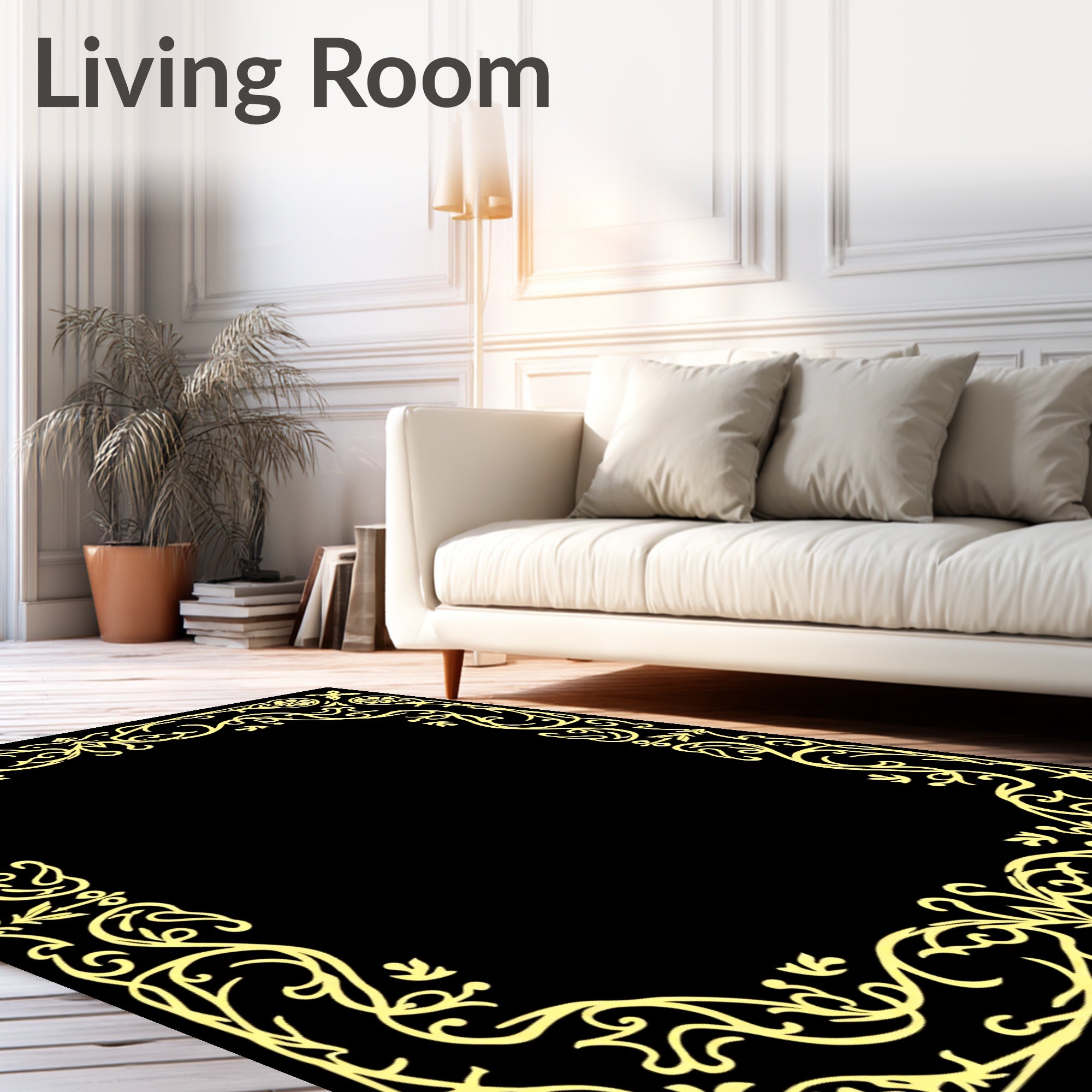 Ornate Yellow Flourish Border Design Rug