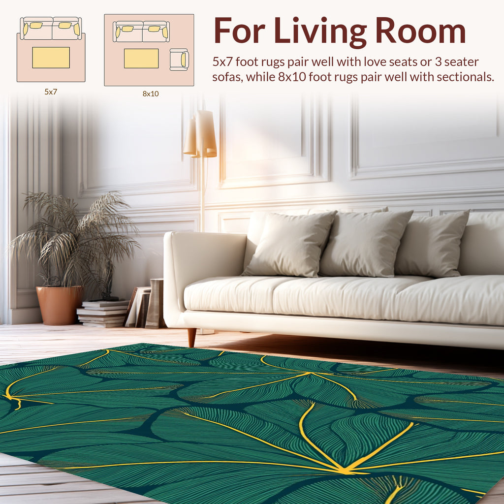 Elegant Green Yellow Leaf Pattern Rug