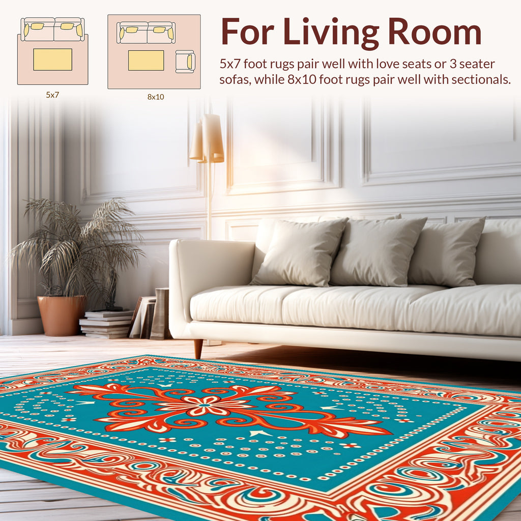 Bold Floral Scrollwork Teal Orange Rug