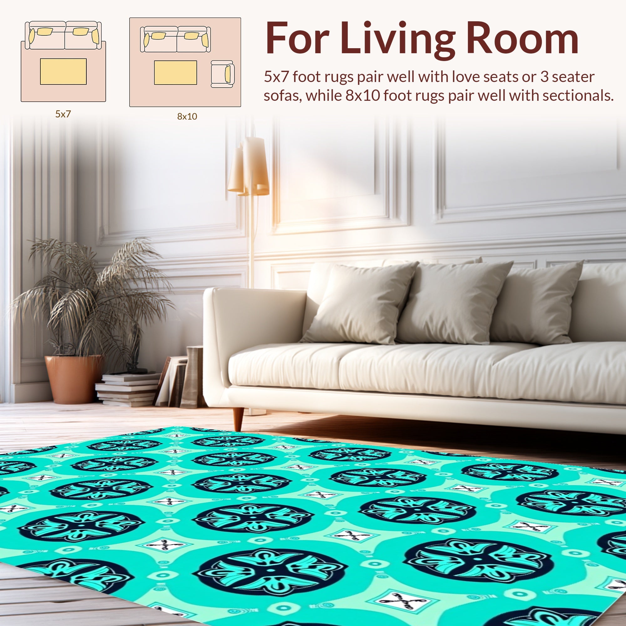 Teal and Navy Geometric Floral Pattern Rug