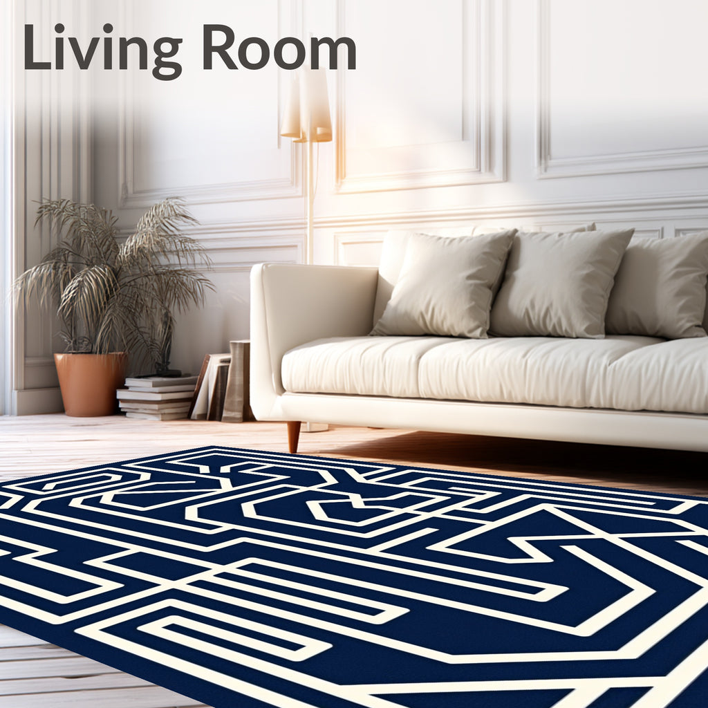 Navy White Geometric Maze Lines Rug