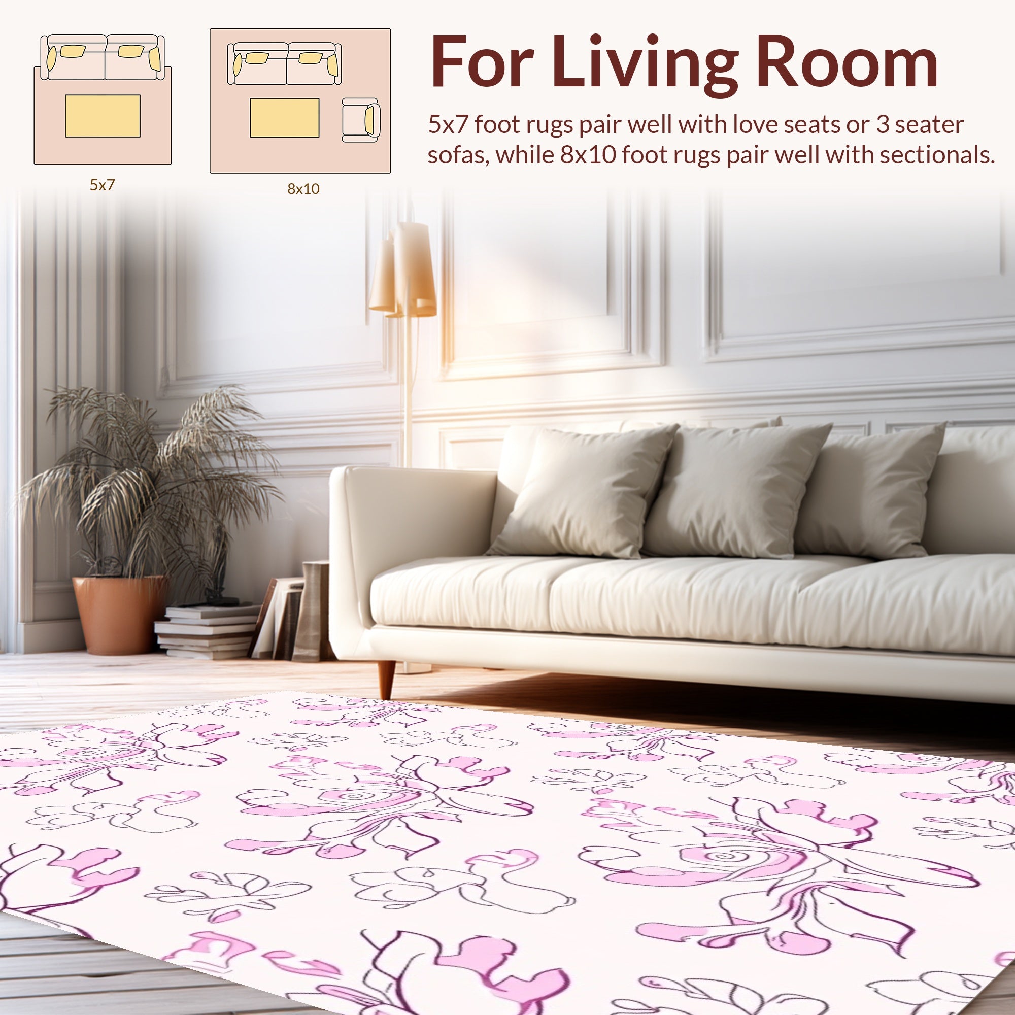 Playful Pink Floral Line Art Rug