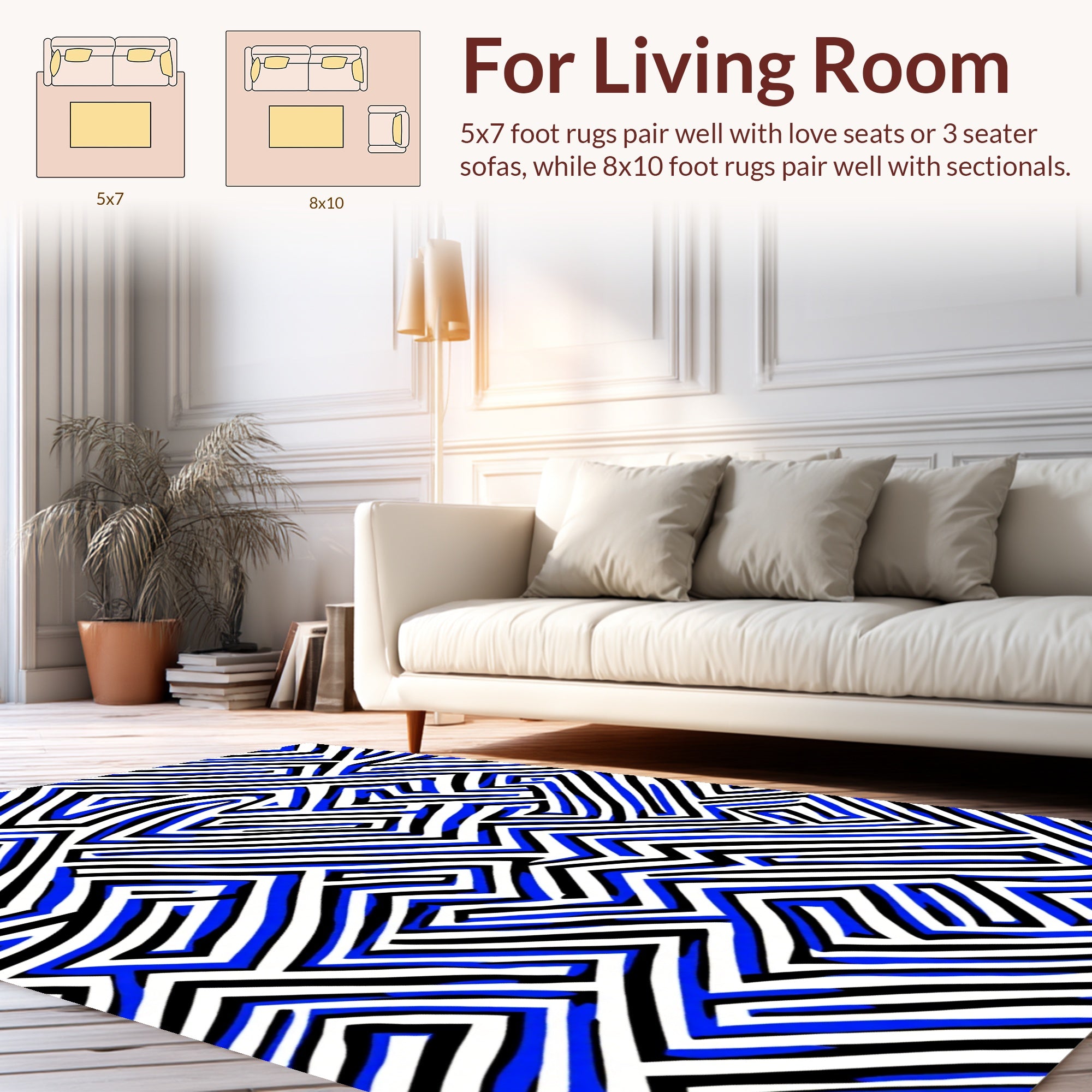 Abstract Blue Black Maze Pattern Rug