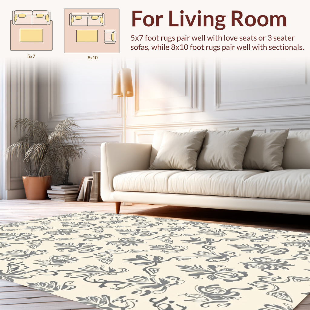 Elegant Gray Flourish Damask Pattern Rug