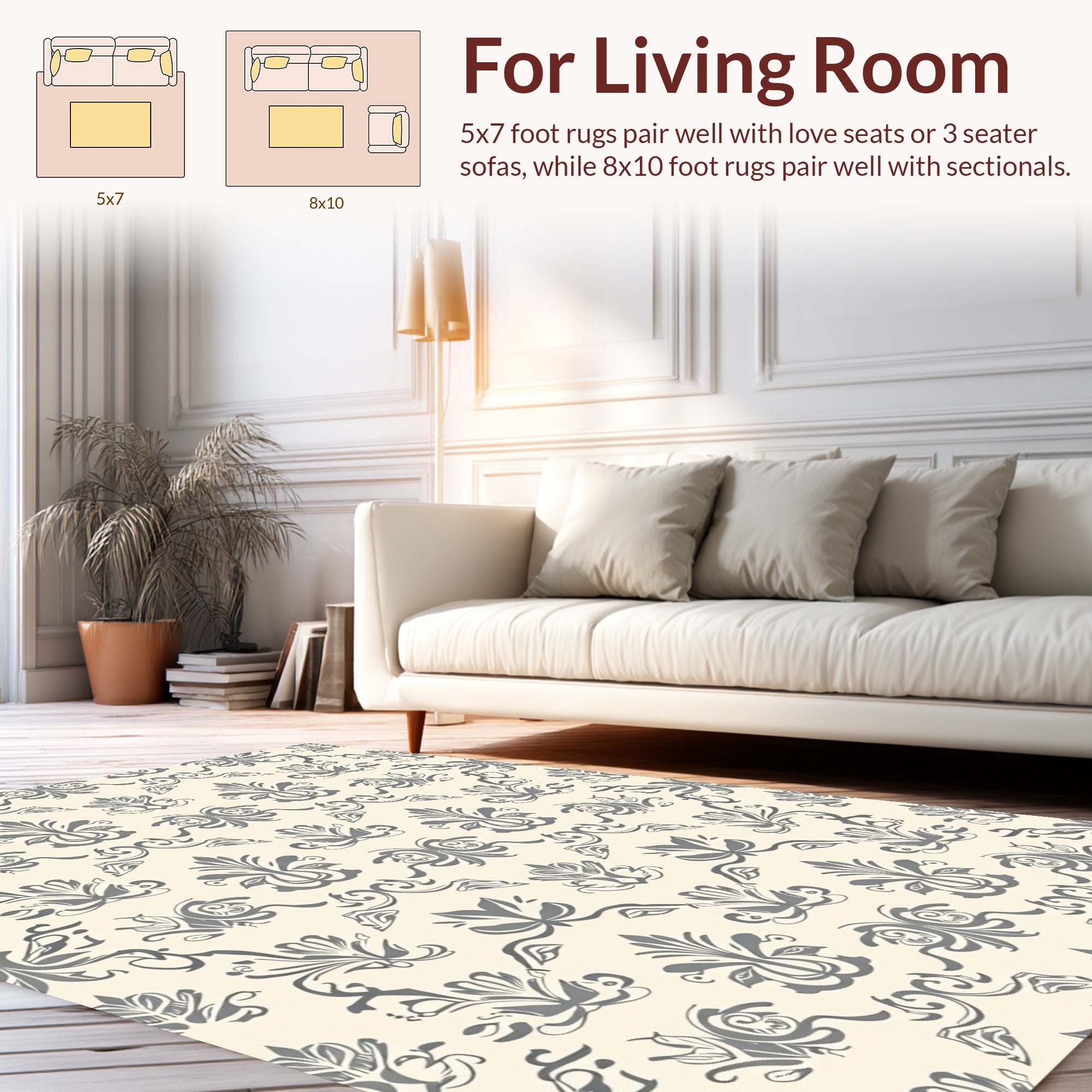 Elegant Gray Flourish Damask Pattern Rug