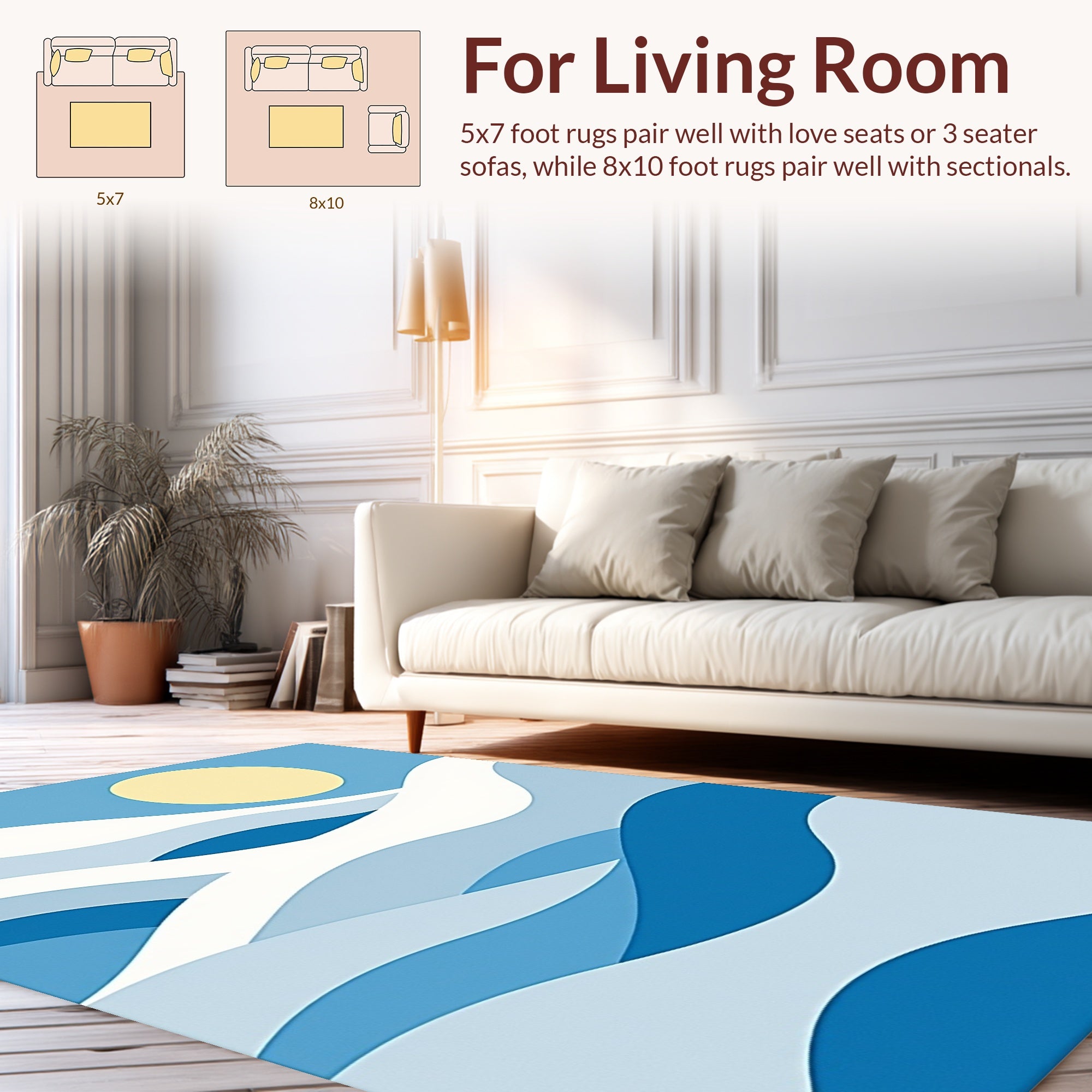Layered Blue Wave Abstract Sun Design Rug