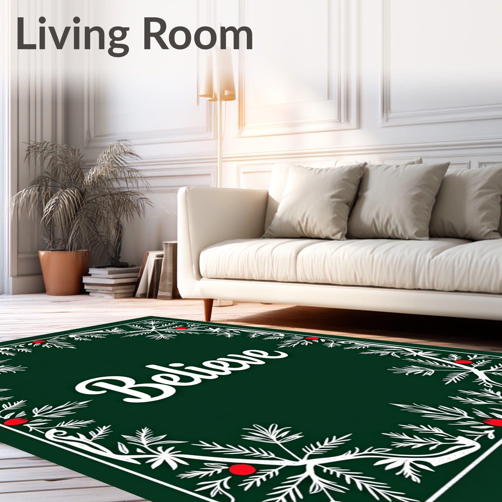 Green White Berry Pine Border Rug