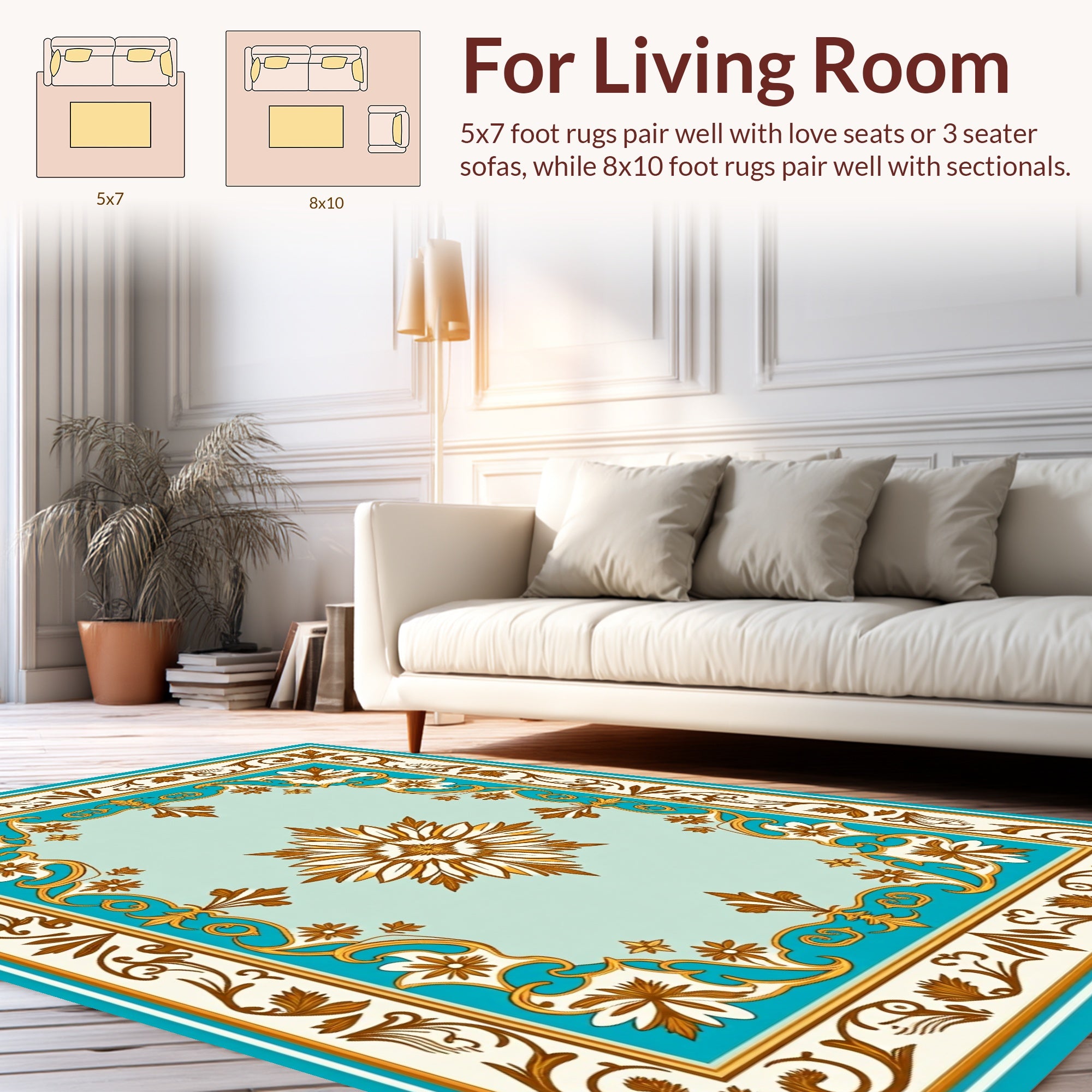 Ornate Floral Golden Teal Border Rug