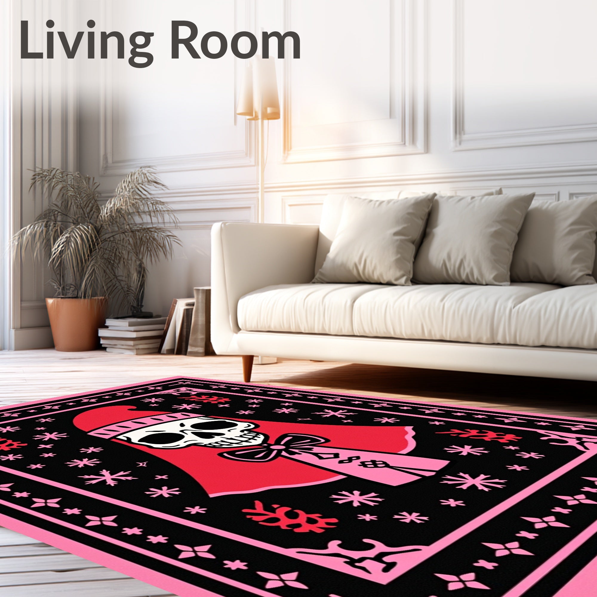 Cosmic Skull Red Pink Snowflake Border Rug
