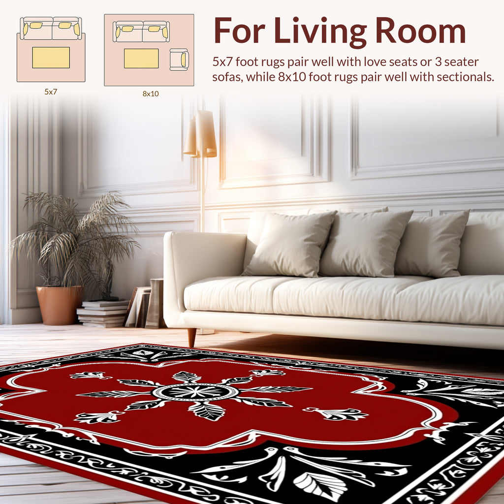 Elegant Red Black Floral medallion Design Rug