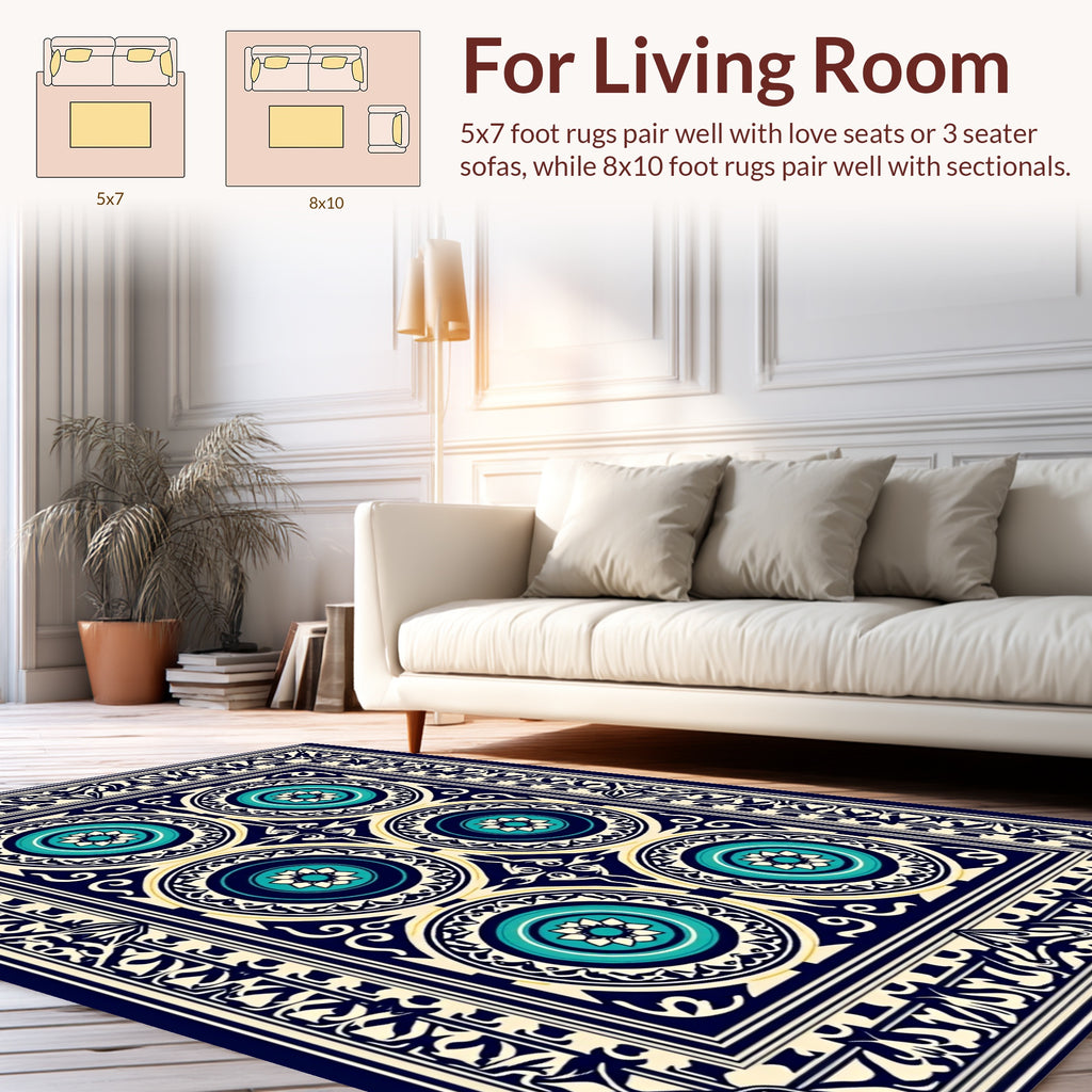 Intricate Blue Gold Medallion Pattern Rug