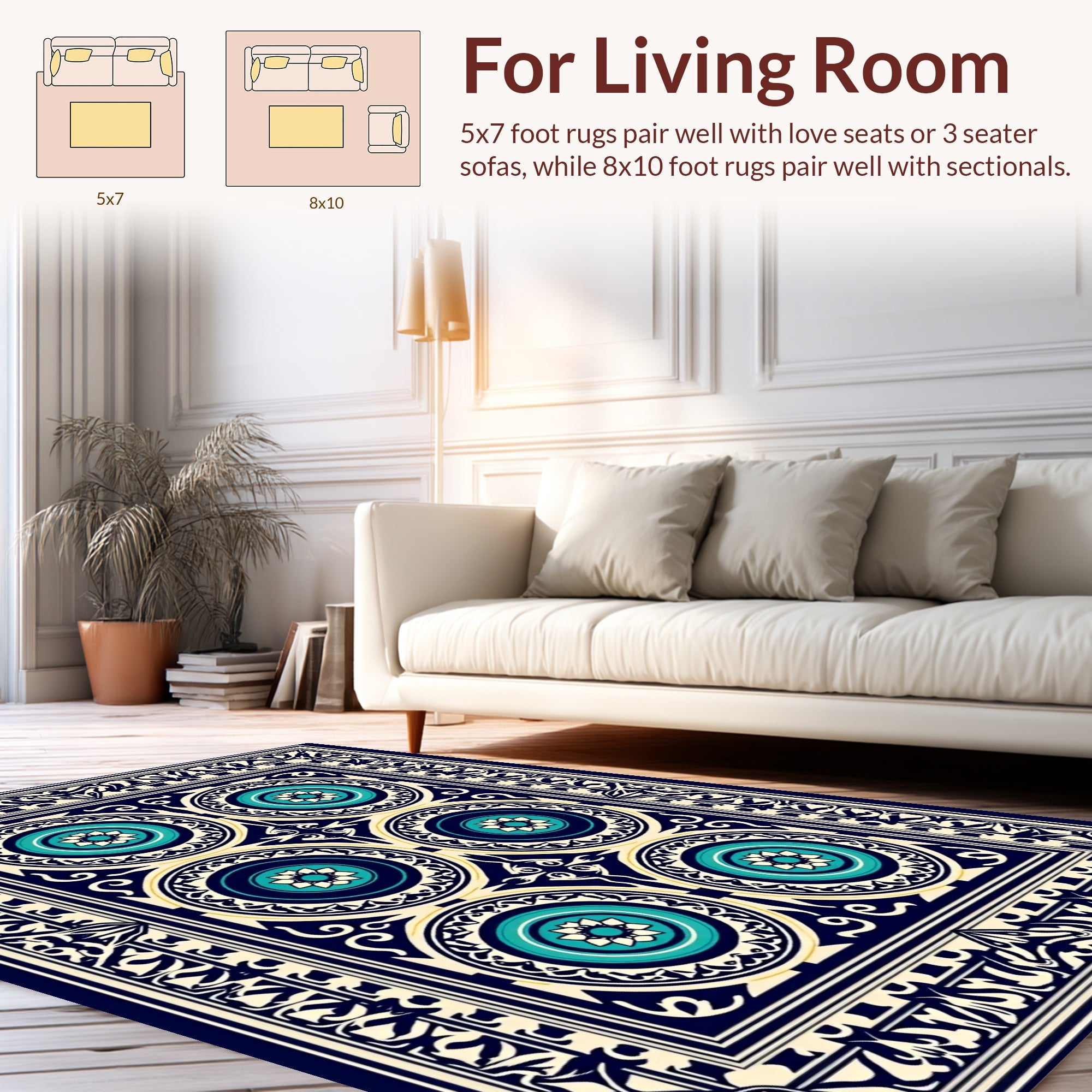 Intricate Blue Gold Medallion Pattern Rug