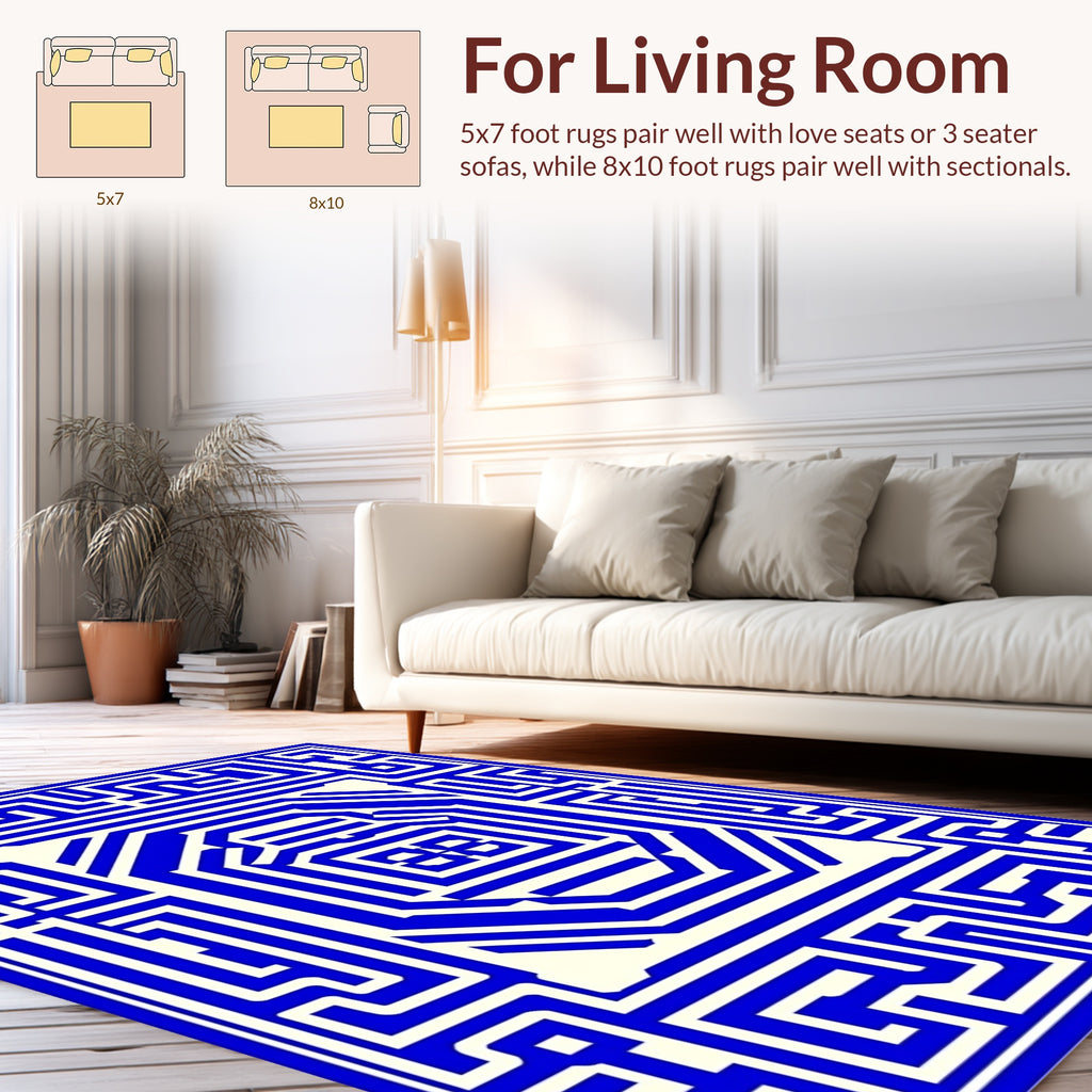 Bold Blue Maze Linear Design Rug