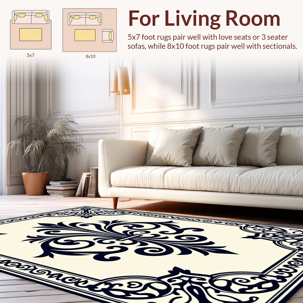 Elegant Black Cream Floral Scroll Rug